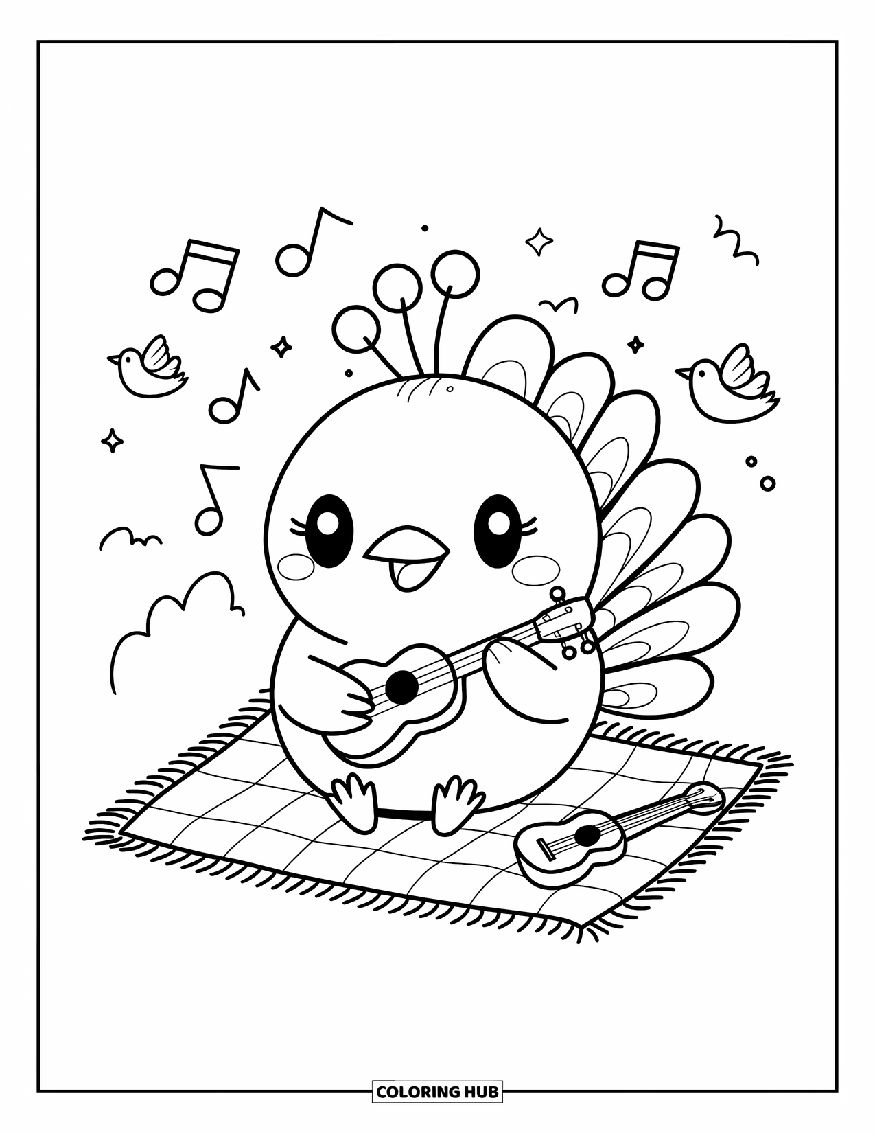 Peacock Coloring Page for Adults: A peacock happily plays a ukulele, surrounded by music notes and birds