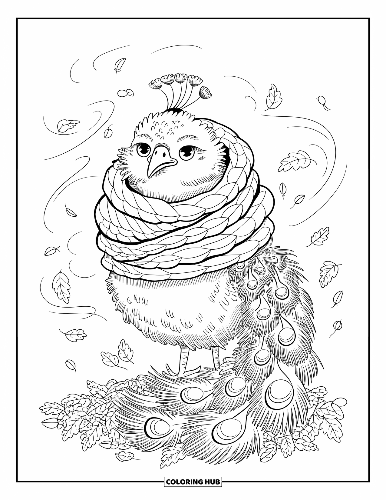Peacock Coloring Page for Adults: A peacock in a cozy scarf stands on leaves, wind swirling softly