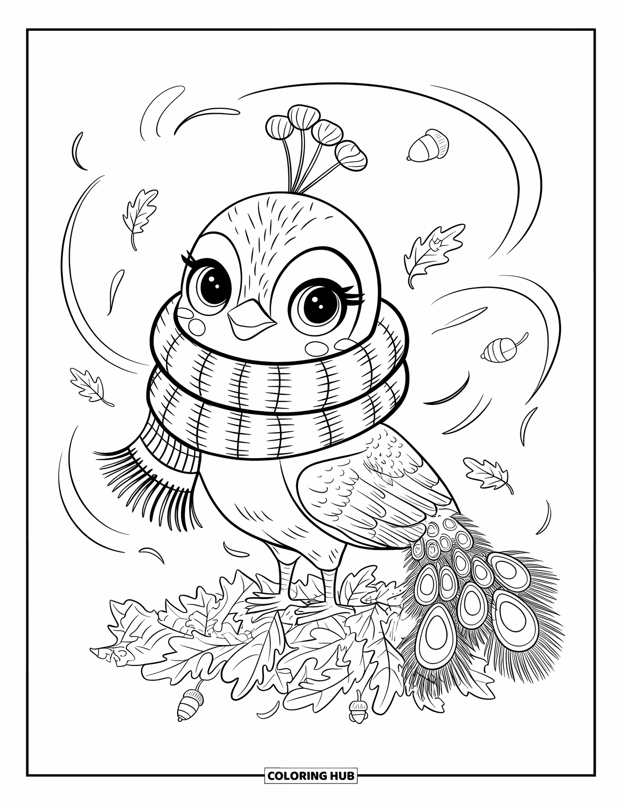 Peacock Coloring Page for Adults: A peacock in a scarf stands on autumn leaves, wind carrying tiny acorns