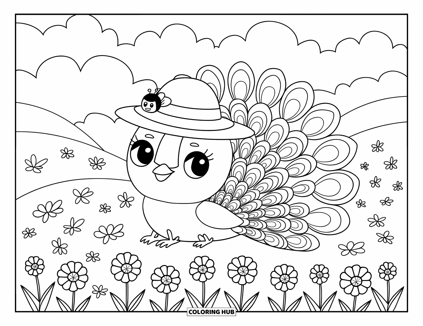 Peacock Coloring Page for Adults: A peacock in a sunhat relaxes in flowers, with a bumblebee nearby