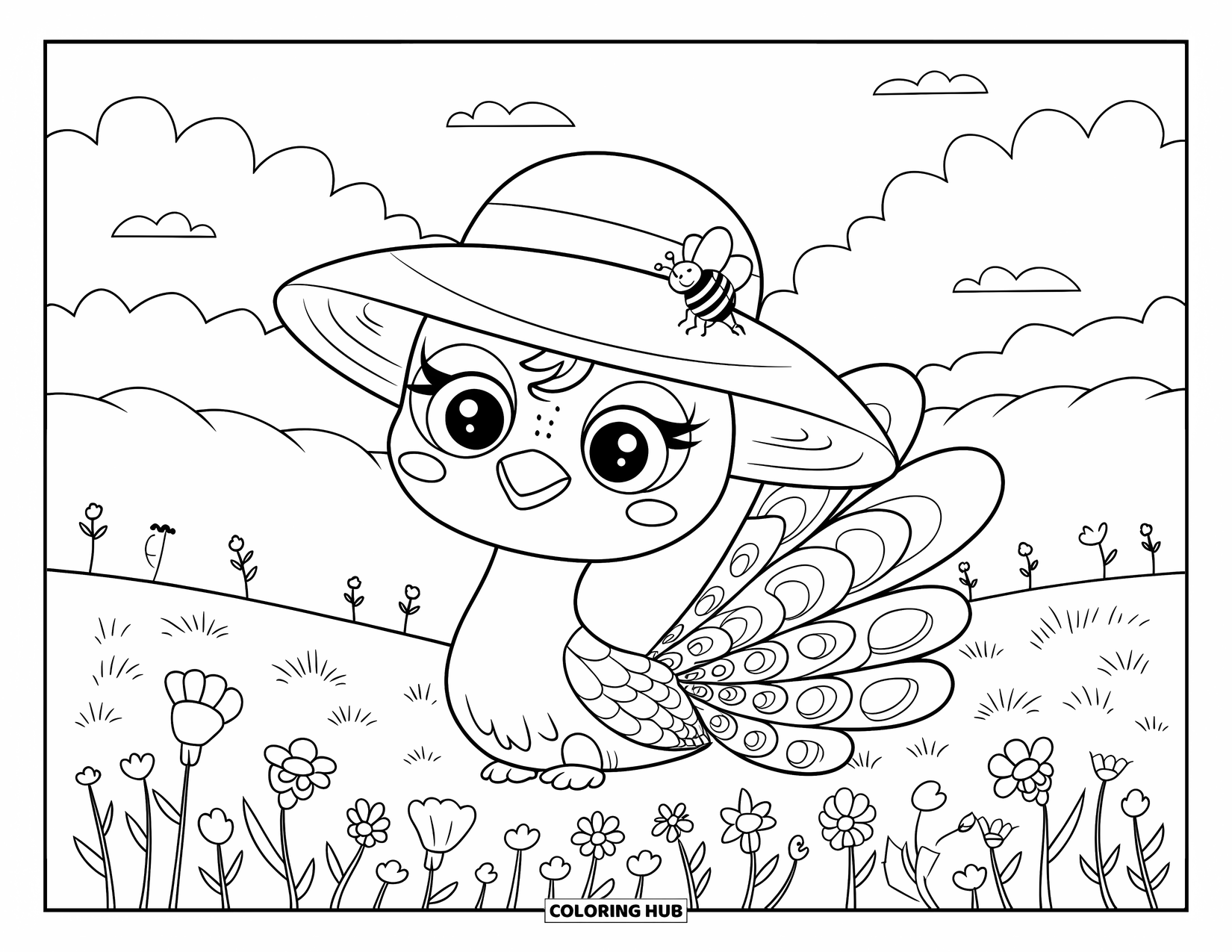 Peacock Coloring Page for Adults: A peacock in a sunhat rests in a meadow as a bumblebee sits on its hat