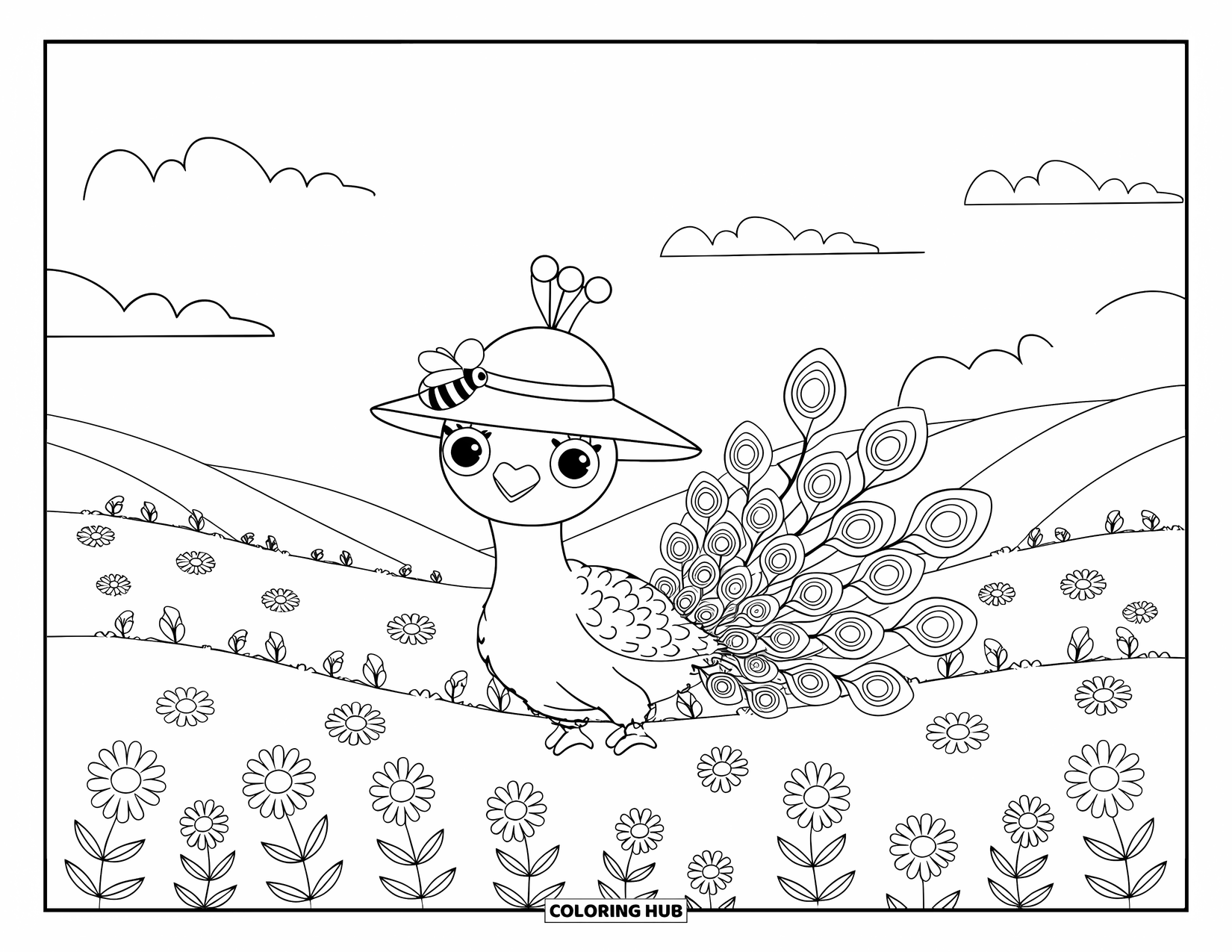 Peacock Coloring Page for Adults: A peacock in a sunhat sits in flowers, with a bumblebee on its hat