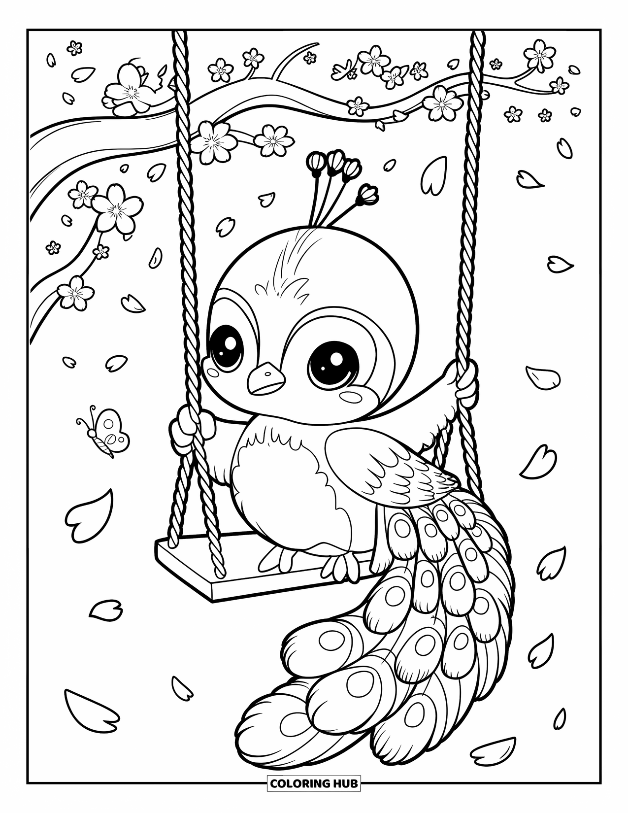 Peacock Coloring Page for Adults: A peacock on a swing sways among cherry blossoms and a tiny butterfly