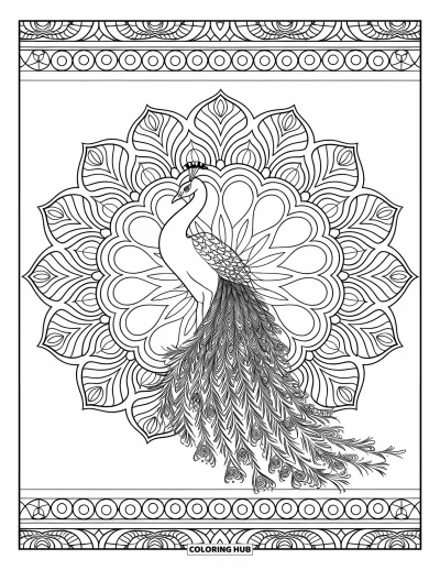 Fargeleggingsark med påfugler for voksne: En påfugl står grasiøst i en mandala med florale og geometriske design