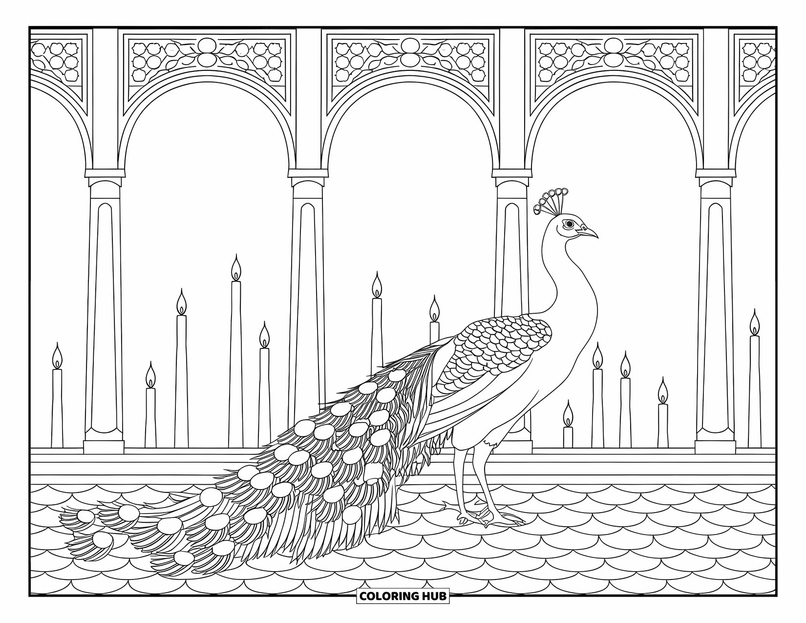 Peacock Coloring Page for Adults: A peacock stands in a courtyard with tall windows and a tiled floor