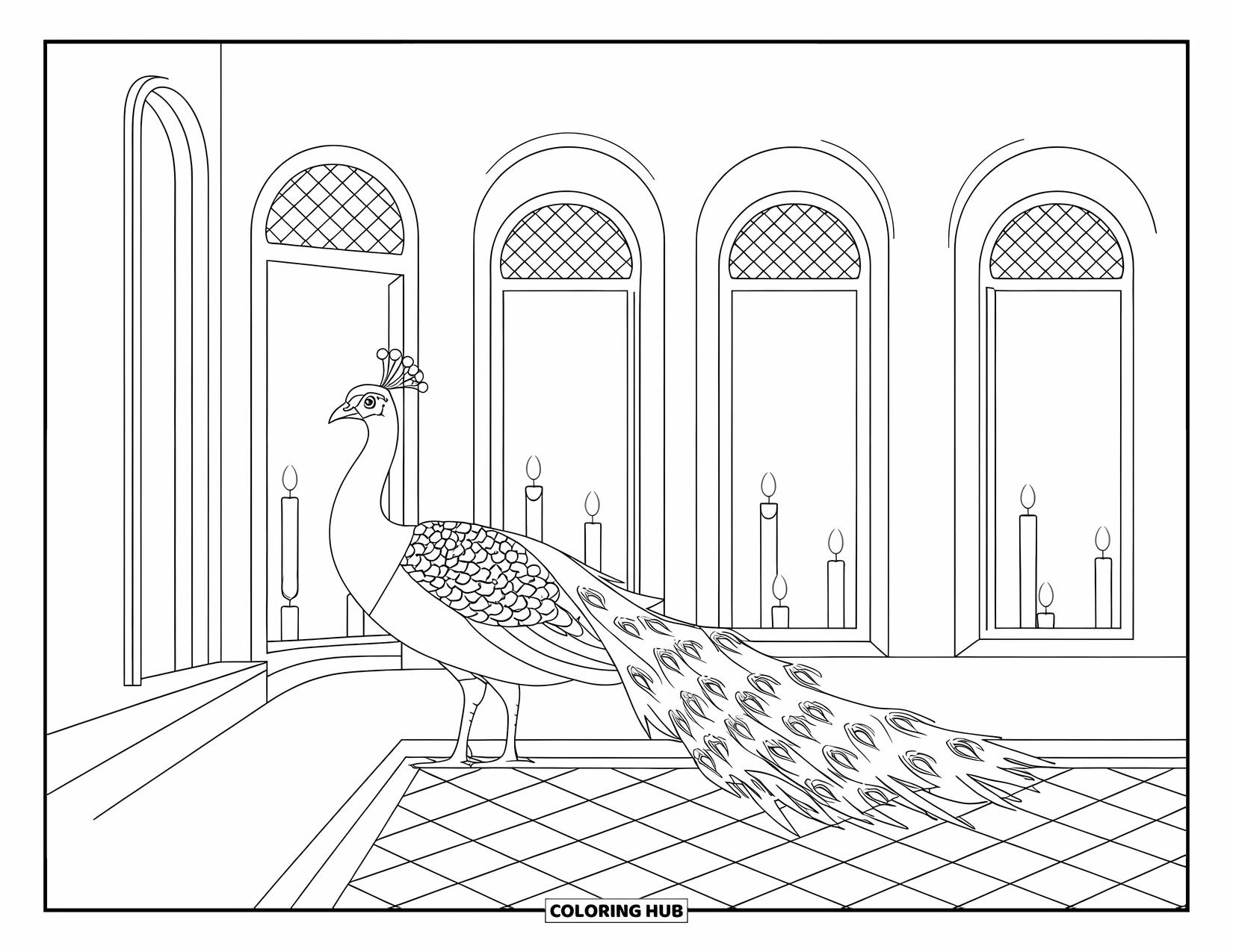 Peacock Coloring Page for Adults: A peacock stands in an opulent courtyard with arched windows and soft candlelight