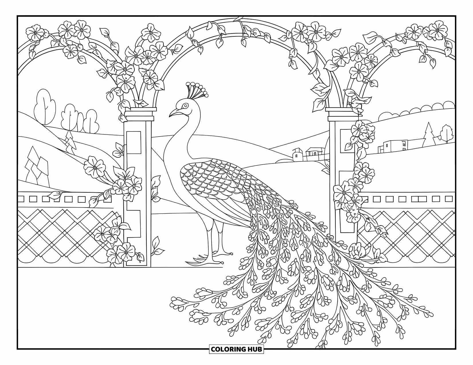 Peacock Coloring Page for Adults: A peacock stands under a gateway with flowers and a lace-like tail