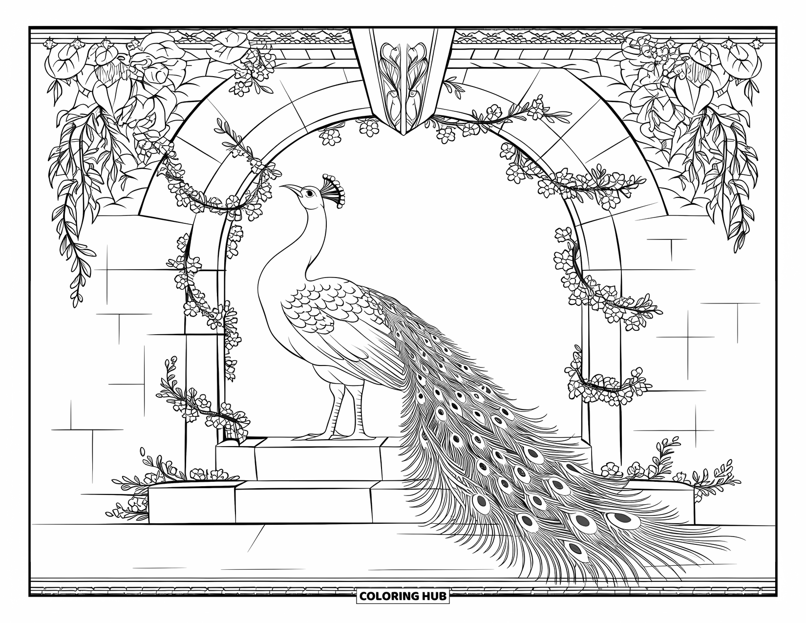 Peacock Coloring Page for Adults: A peacock stands under an arched gateway with its tail like delicate lace