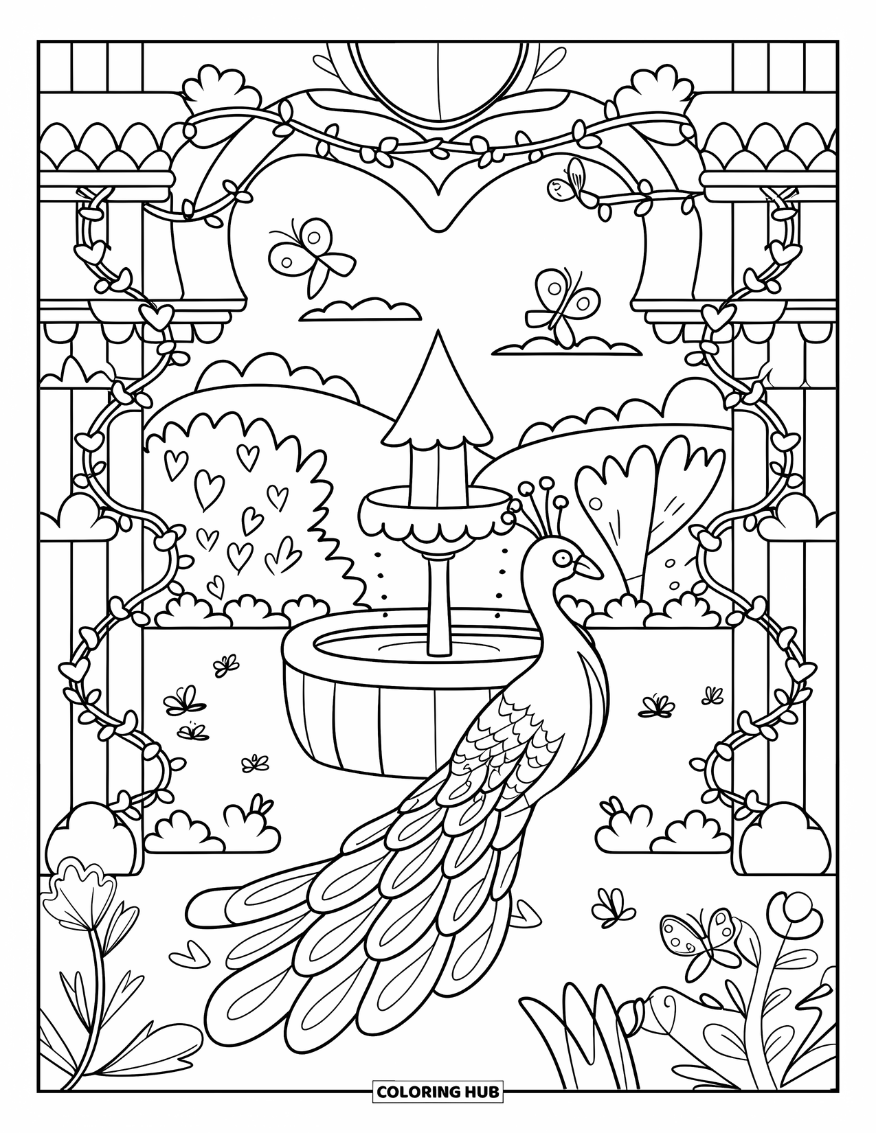 Peacock Coloring Page for Adults: A peacock wanders in a garden with heart vines, butterflies, and a fountain
