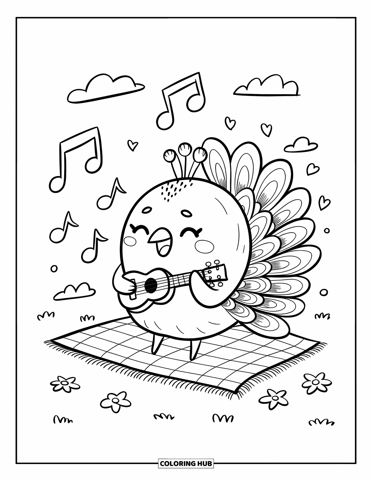 Peacock Coloring Page for Adults: A peacock with a ukulele sits on a picnic blanket, music notes nearby