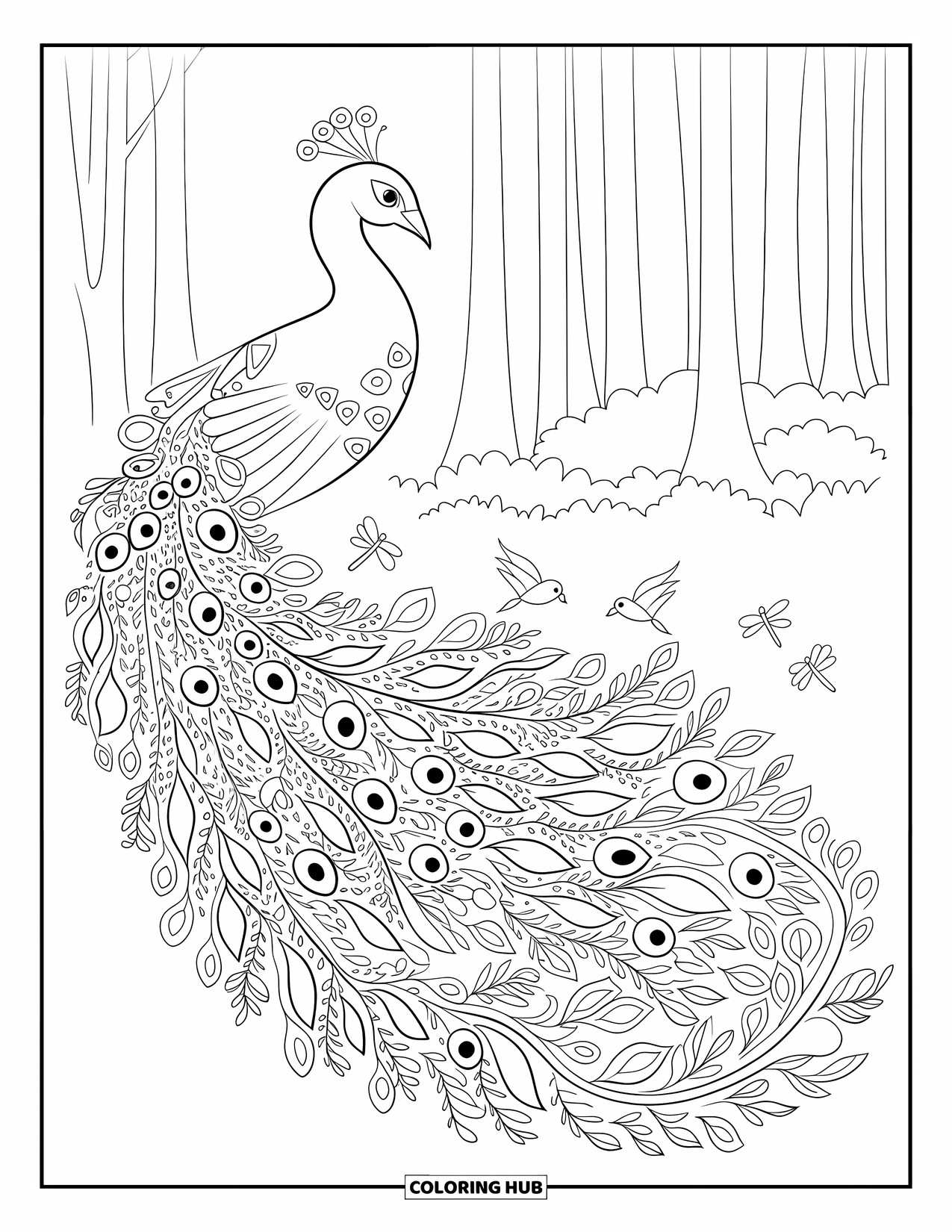 Peacock Coloring Page for Adults: A peacock with a vine-like tail is surrounded by birds and dragonflies