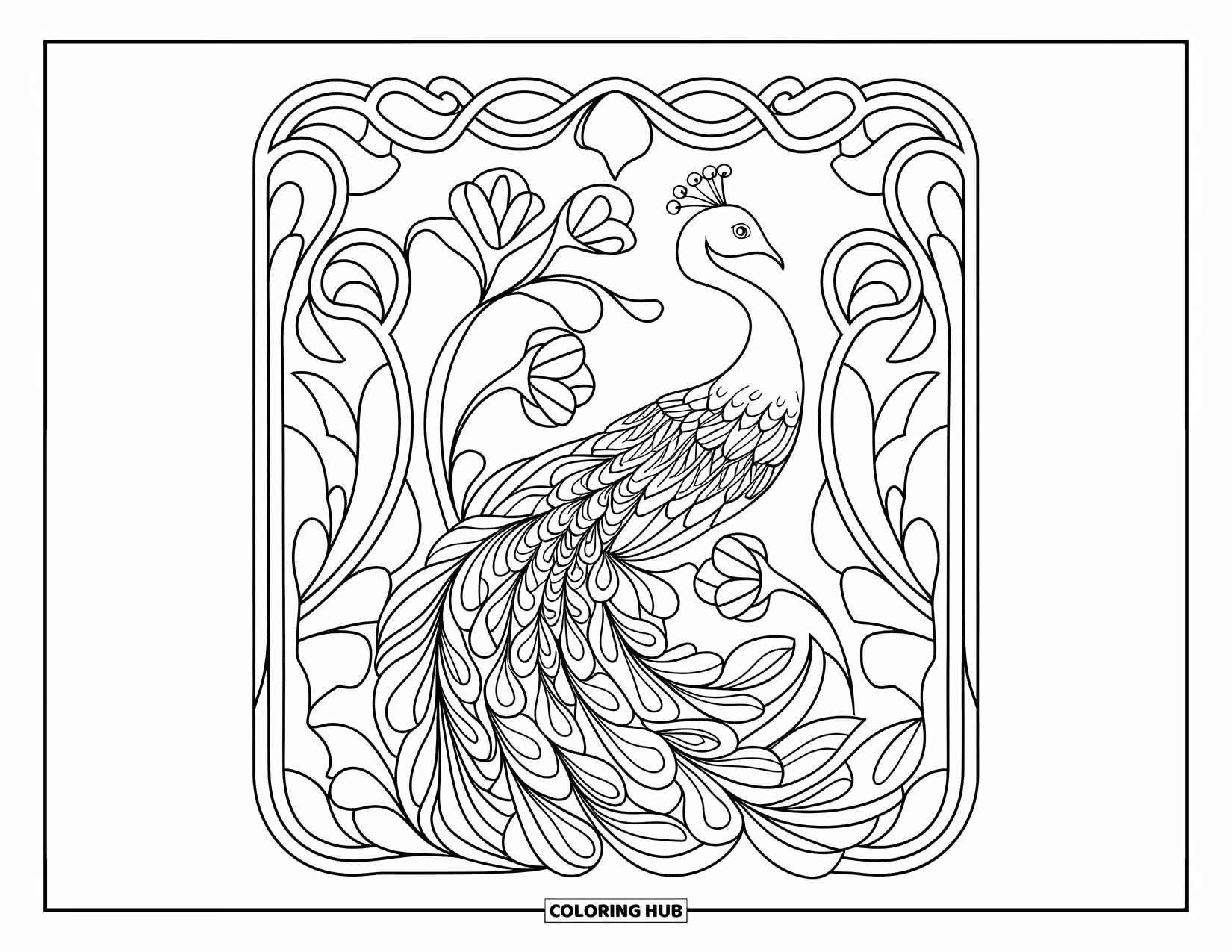 Peacock Coloring Page for Adults: A peacock woven into an Art Nouveau design with curves, vines, and flowers