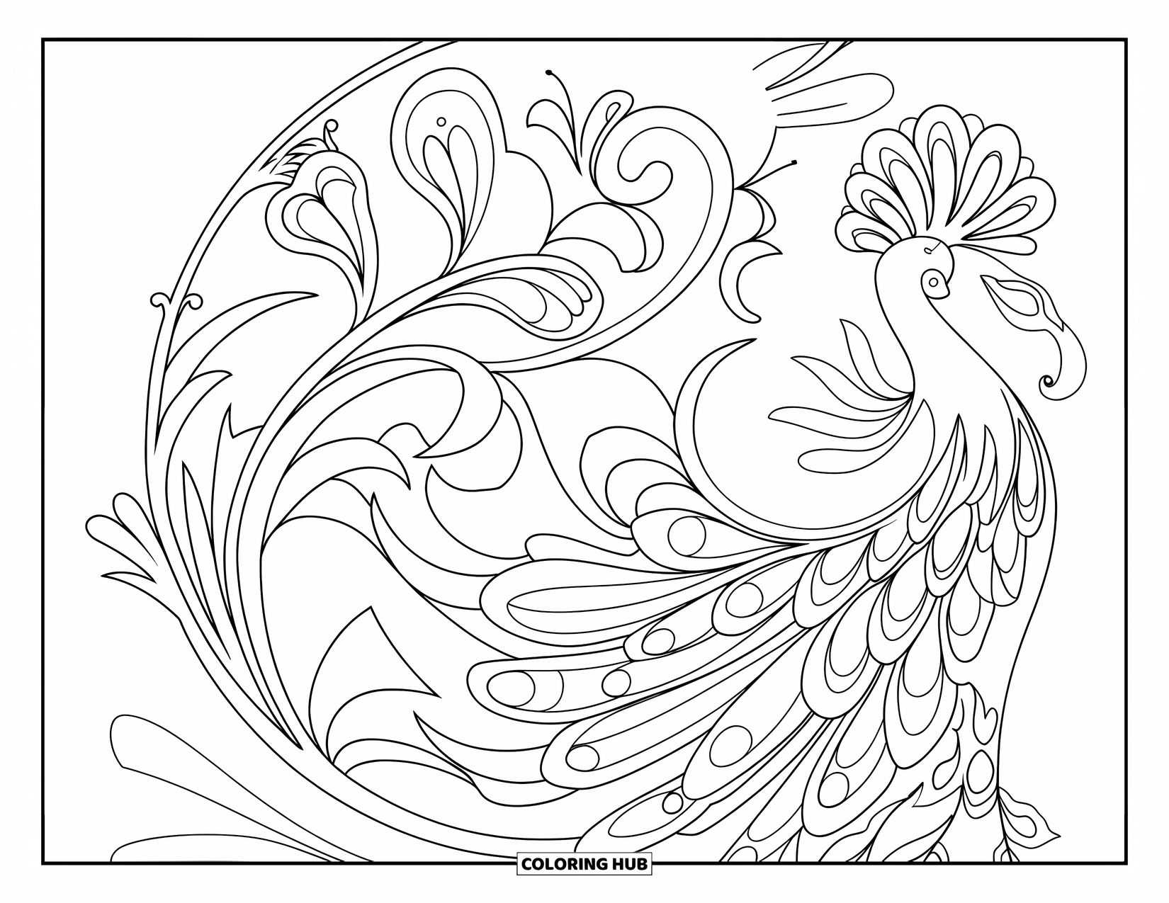 Peacock Coloring Page for Adults: A peacock's feathers blend into vines and flowers in an Art Nouveau style