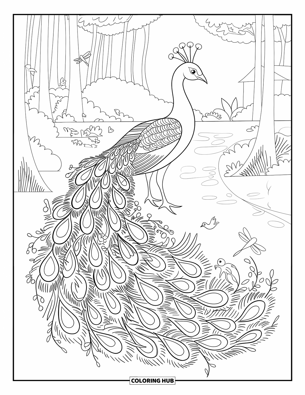 Peacock Coloring Page for Adults: A peacock's tail becomes vines and swirls in a tranquil forest