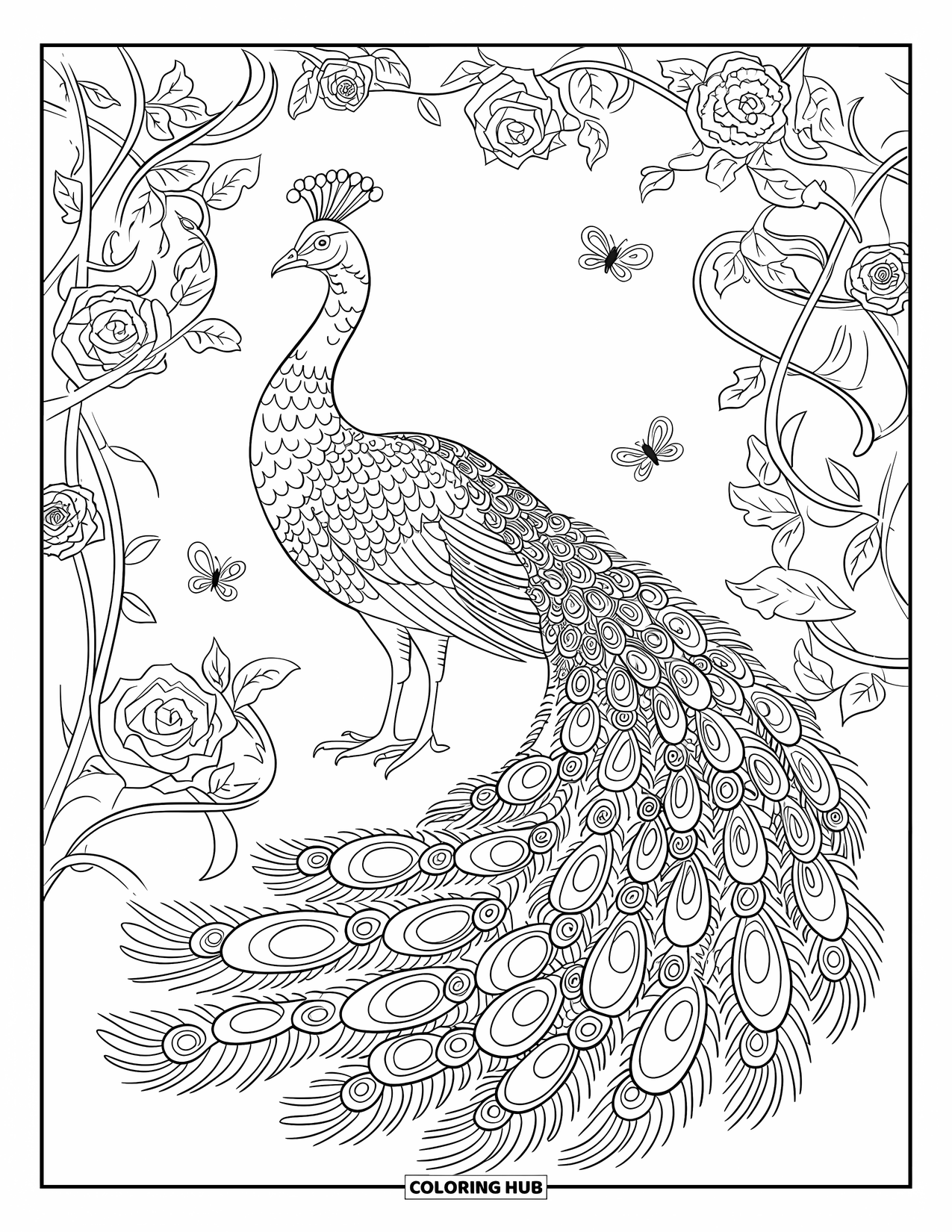 Peacock Coloring Page for Adults: A peacock's tail displays spirals and patterns in a blooming garden
