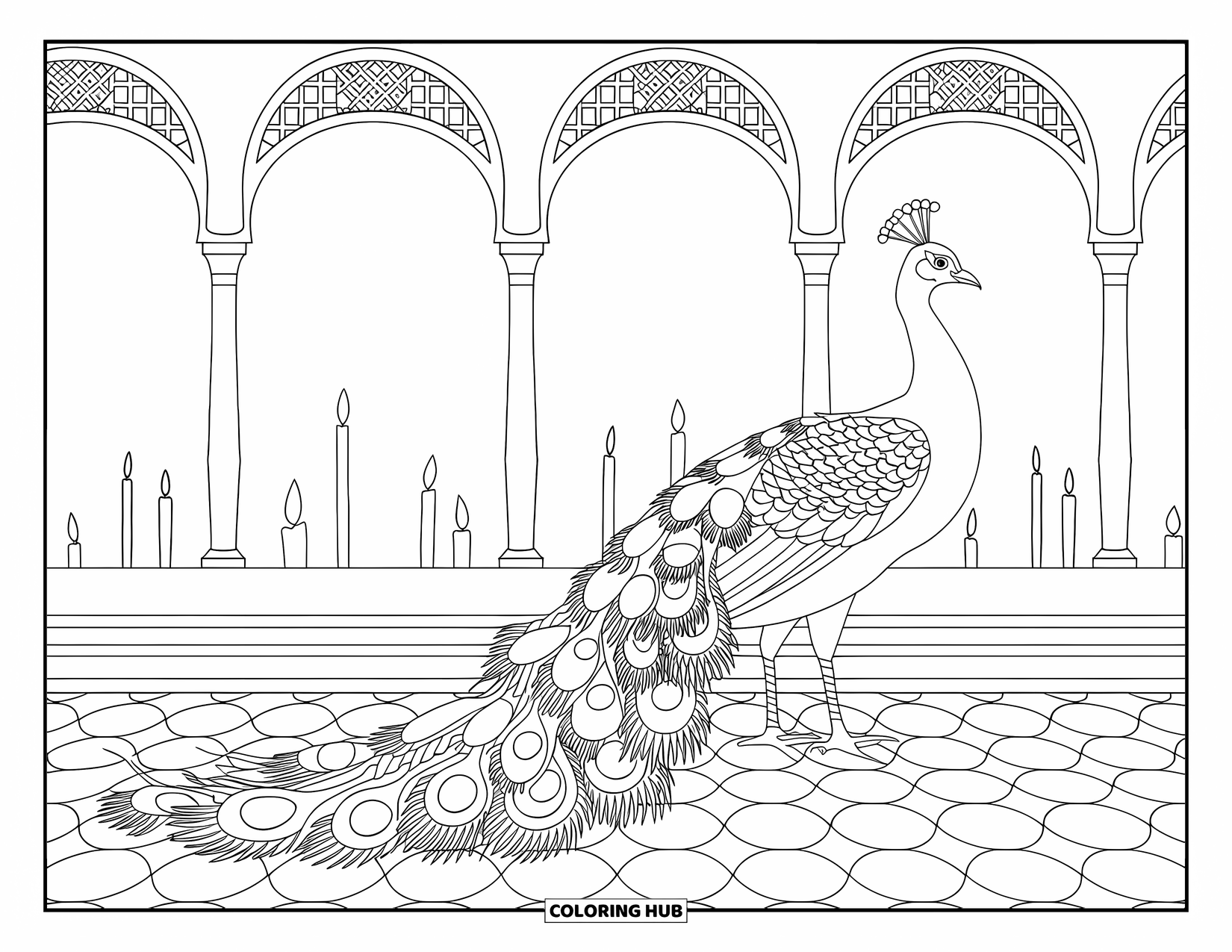 Peacock Coloring Page for Adults: A peacock's tail drapes over a tiled floor in a grand courtyard