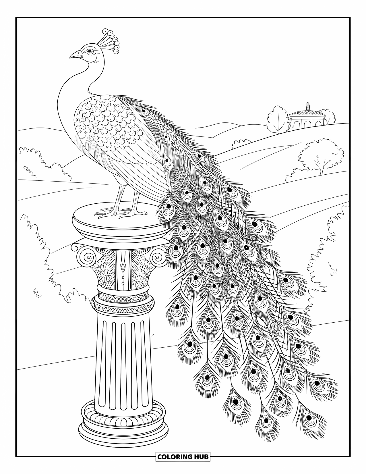 Peacock Coloring Page for Adults: A peacock's tail flows like water over a carved stone pillar
