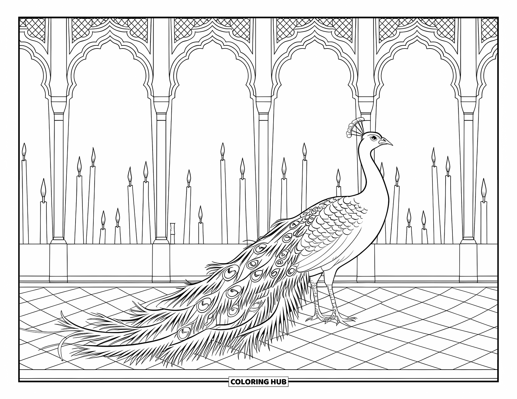 Peacock Coloring Page for Adults: A peacock's tail spreads over tiles in a courtyard with candlelight