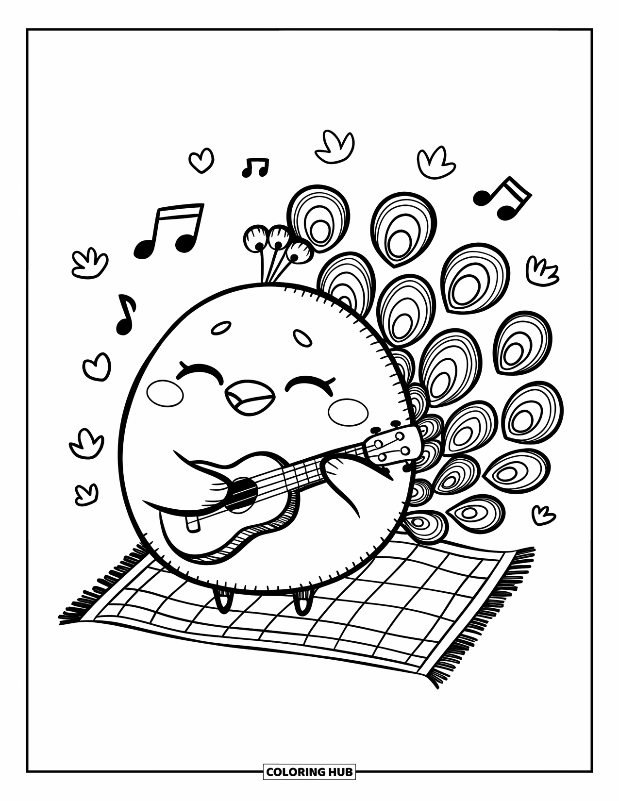 Peacock Coloring Page for Adults: A round peacock plays a tiny ukulele, music notes floating around