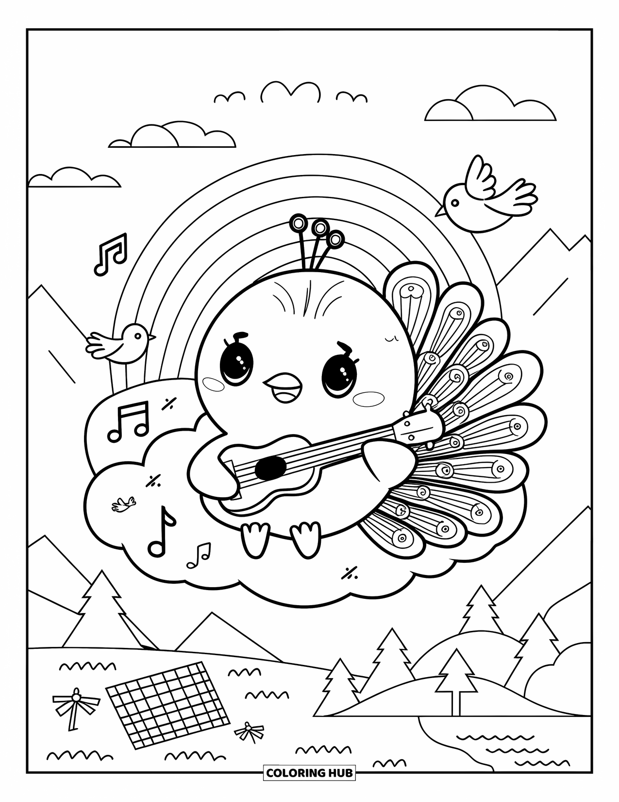 Peacock Coloring Page for Adults: A round peacock plays a ukulele, birds chirping and music notes floating