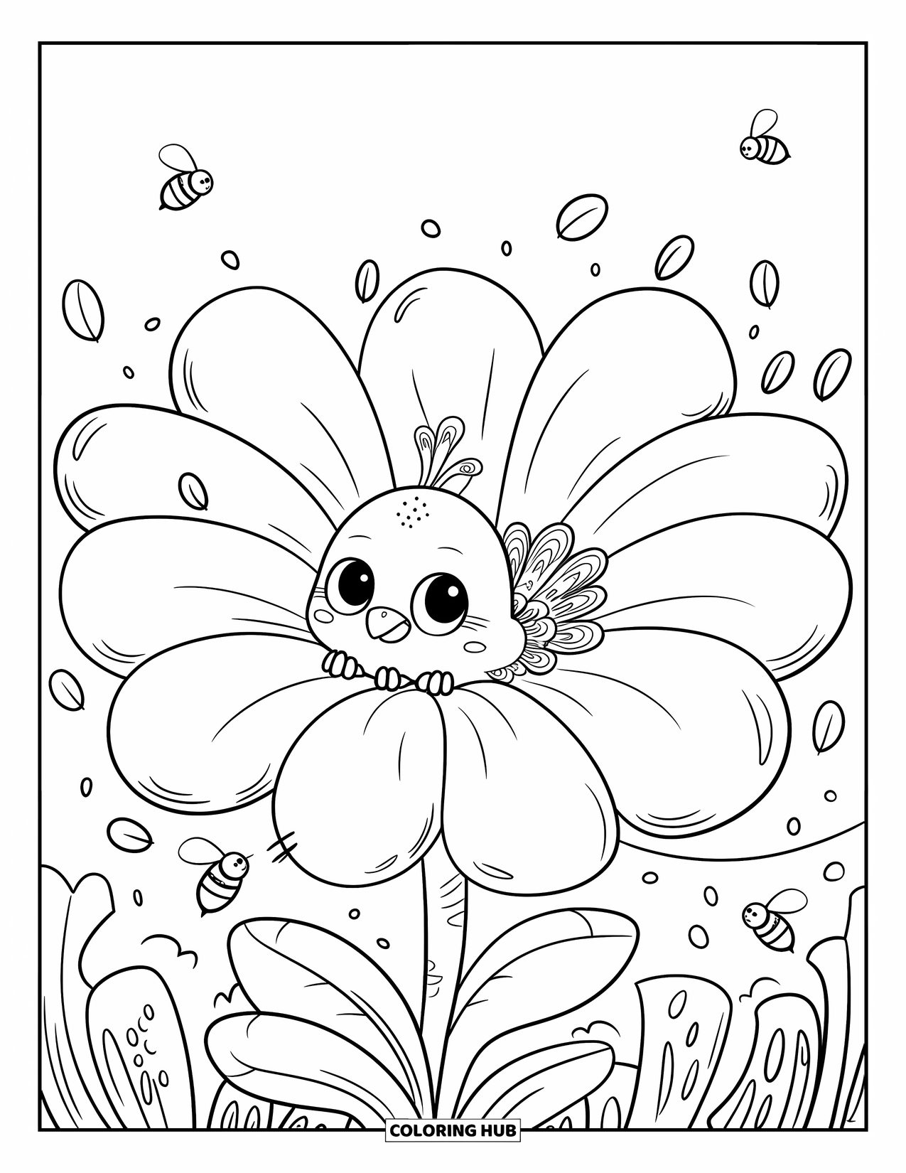 Peacock Coloring Page for Adults: A shy peacock peeks from a flower, surrounded by buzzing bees