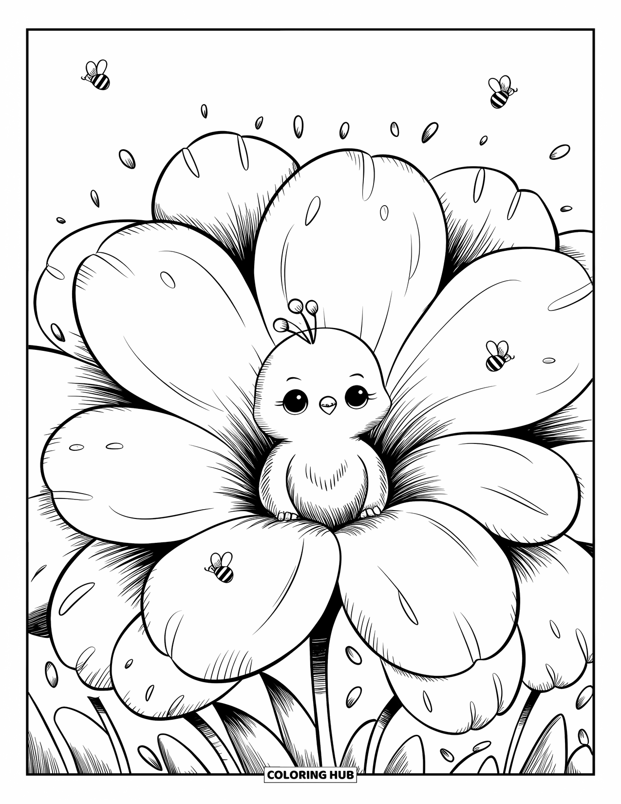 Peacock Coloring Page for Adults: A shy peacock peeks out from a huge flower, with bees buzzing around
