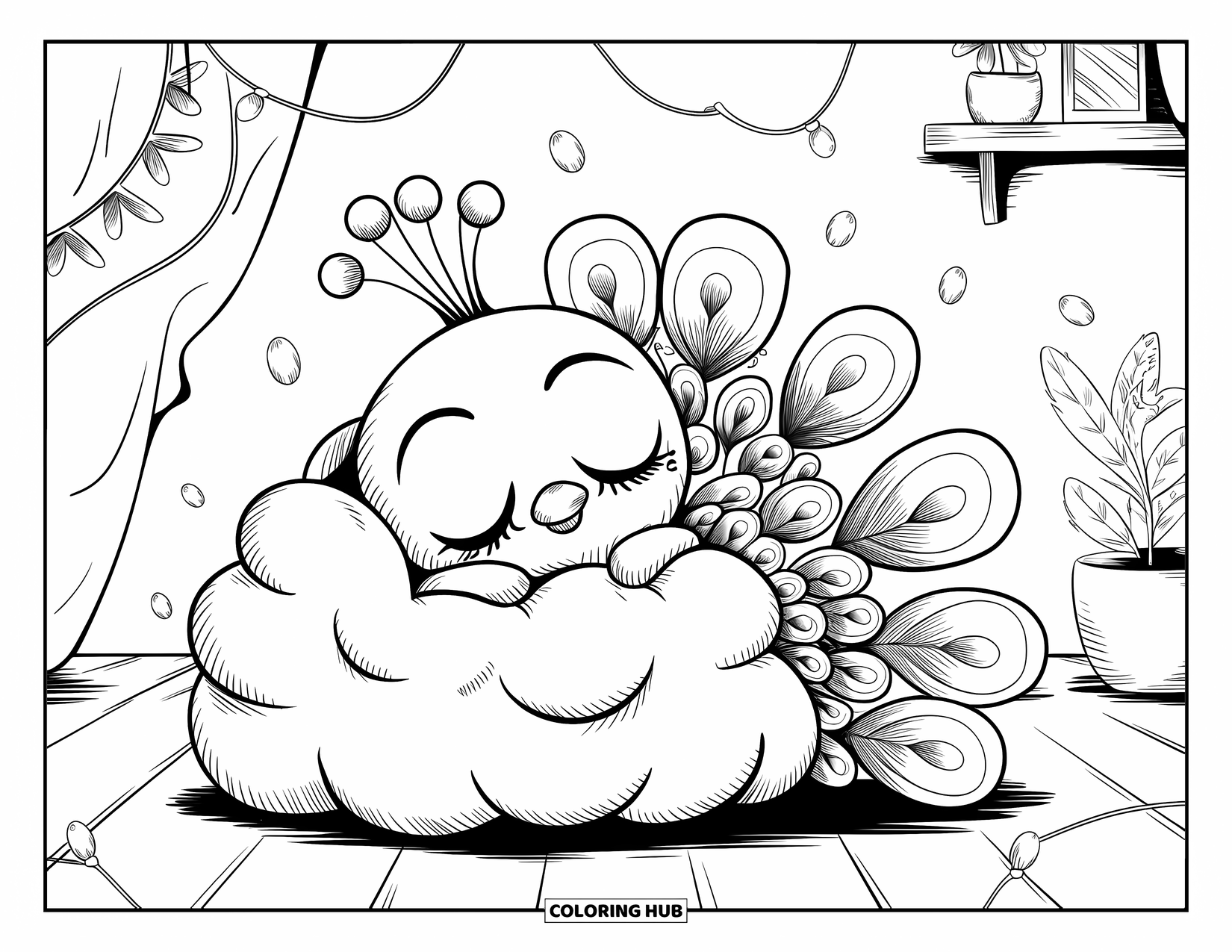 Peacock Coloring Page for Adults: A sleepy peacock snuggles a plushie, fairy lights glowing gently