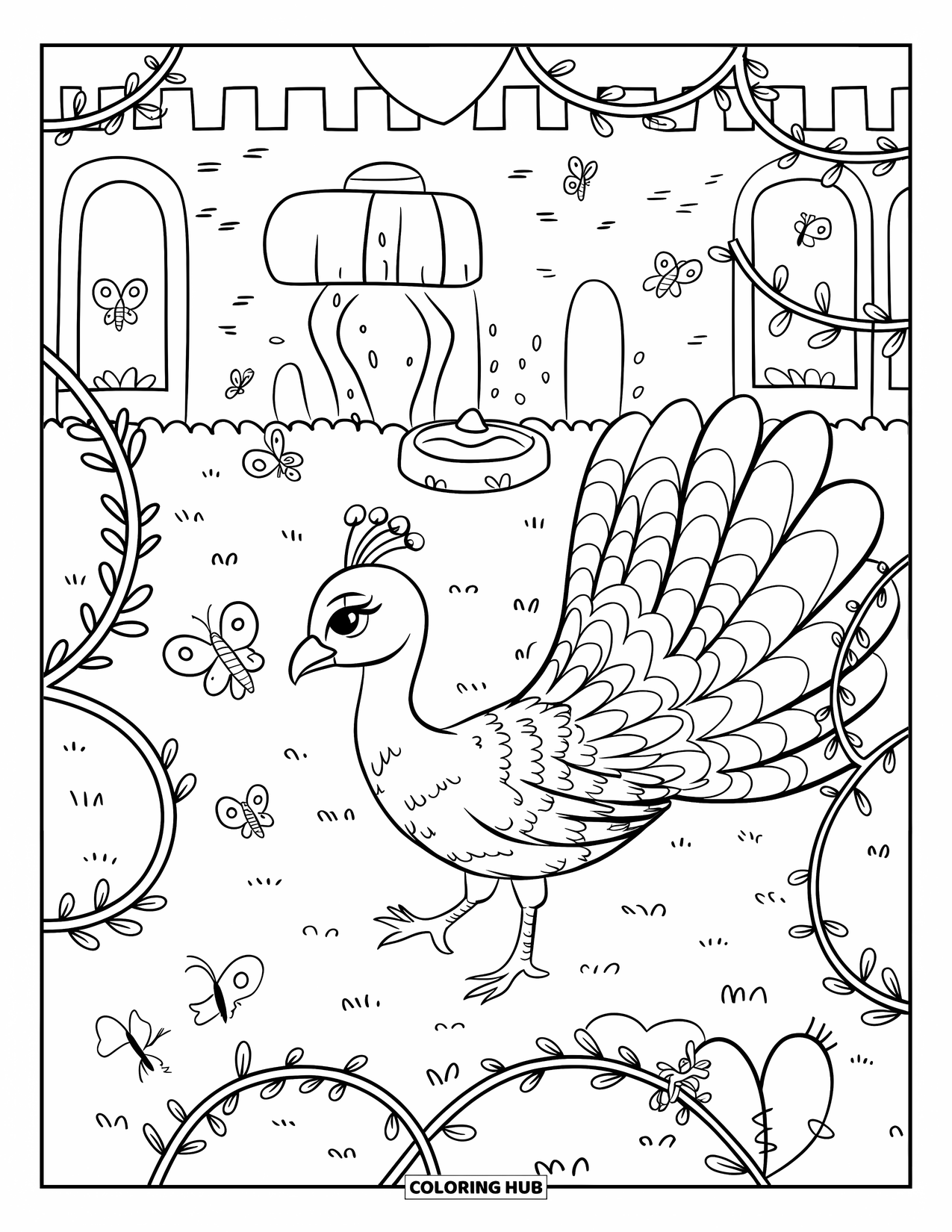 Peacock Coloring Page for Adults: A tiny peacock explores a garden with heart-shaped vines and butterflies