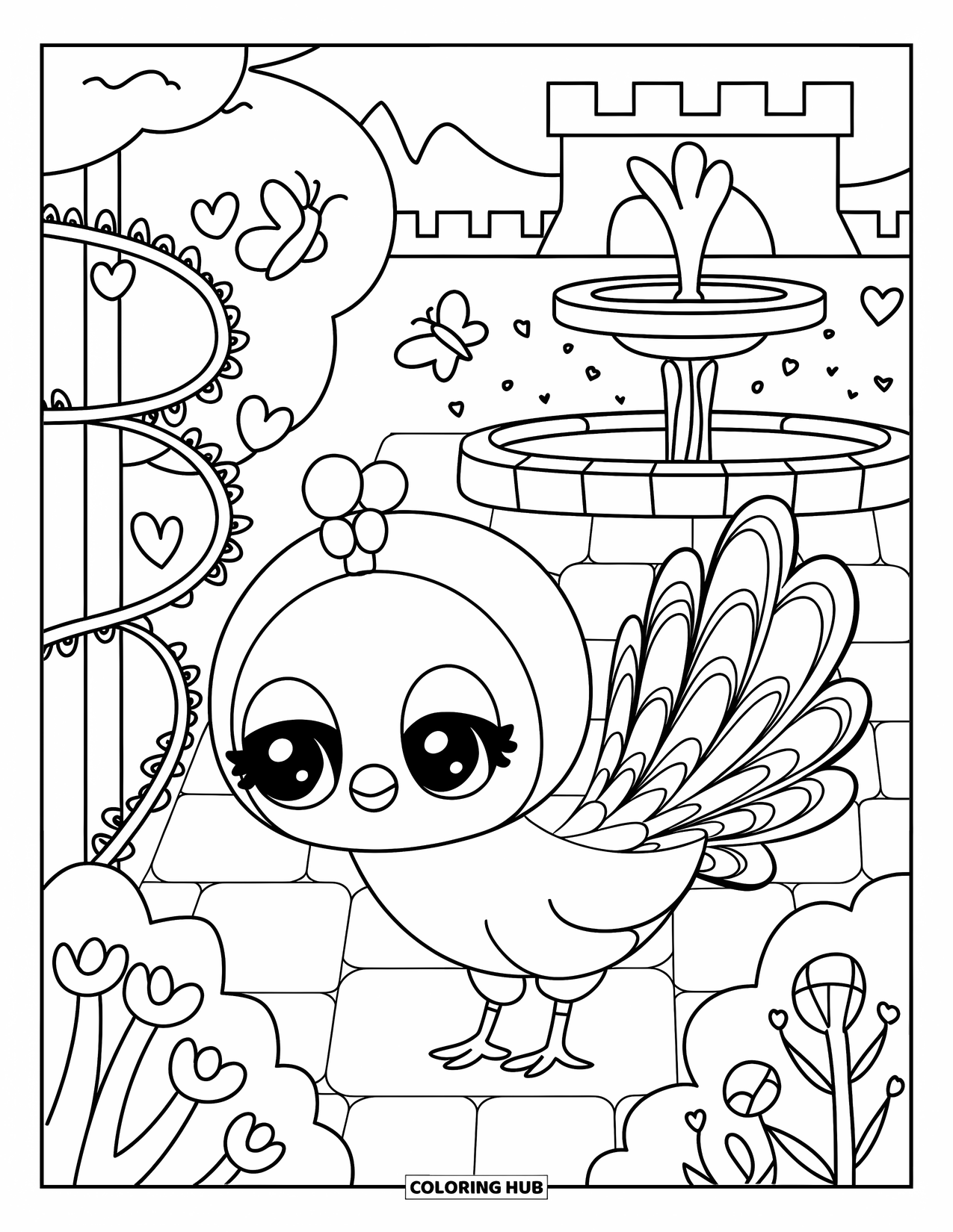 Peacock Coloring Page for Adults: A tiny peacock explores a garden with vines, butterflies, and a gentle fountain