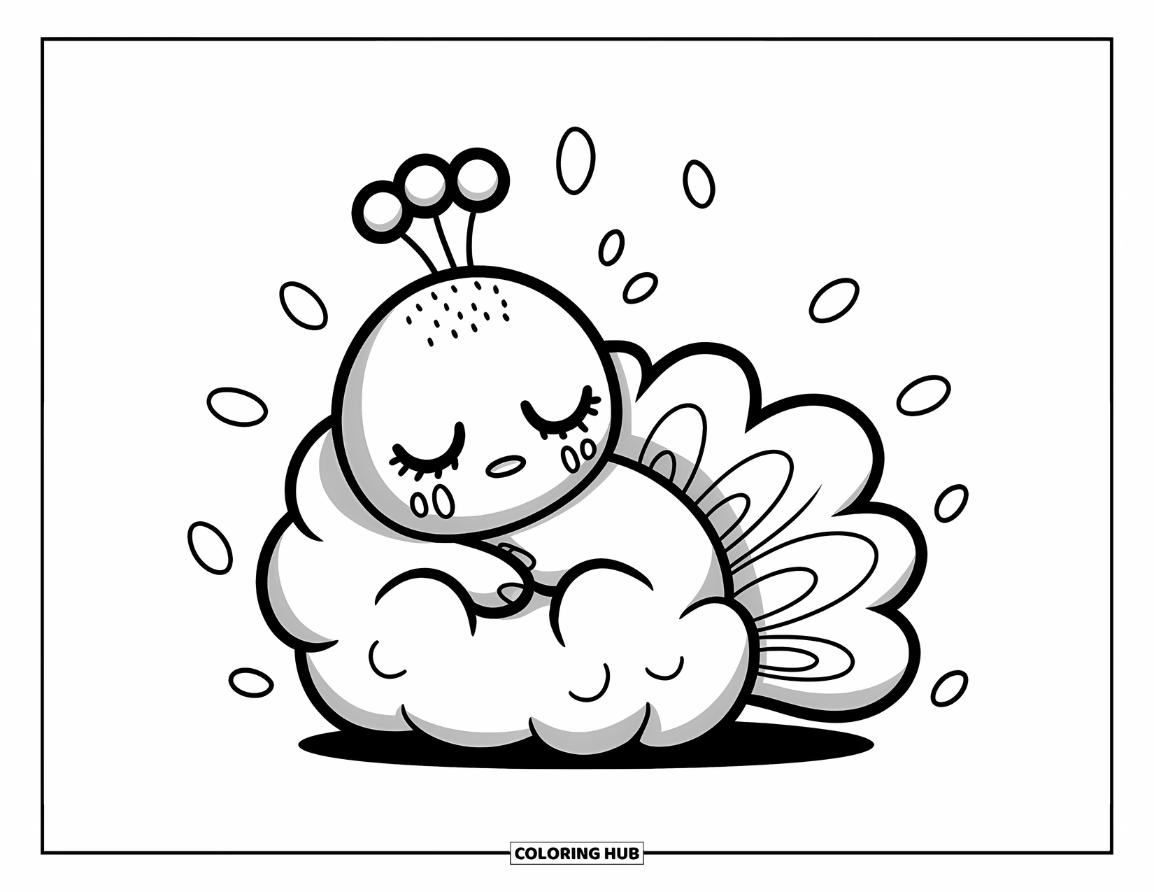 Peacock Coloring Page for Adults: A tiny peacock hugs a plushie, soft lights glowing around them