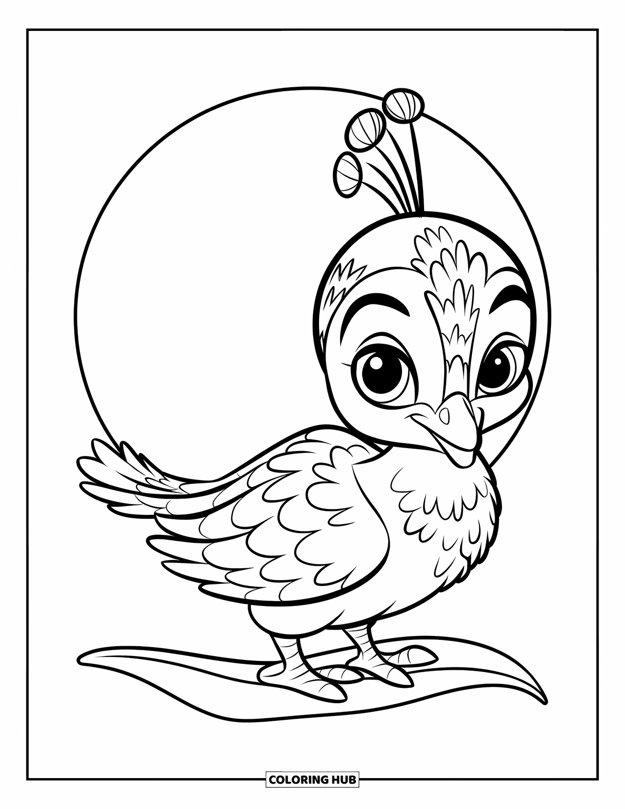 Peacock Coloring Page for Kids: A baby peacock stands cheerfully on a leaf with tiny round eyes