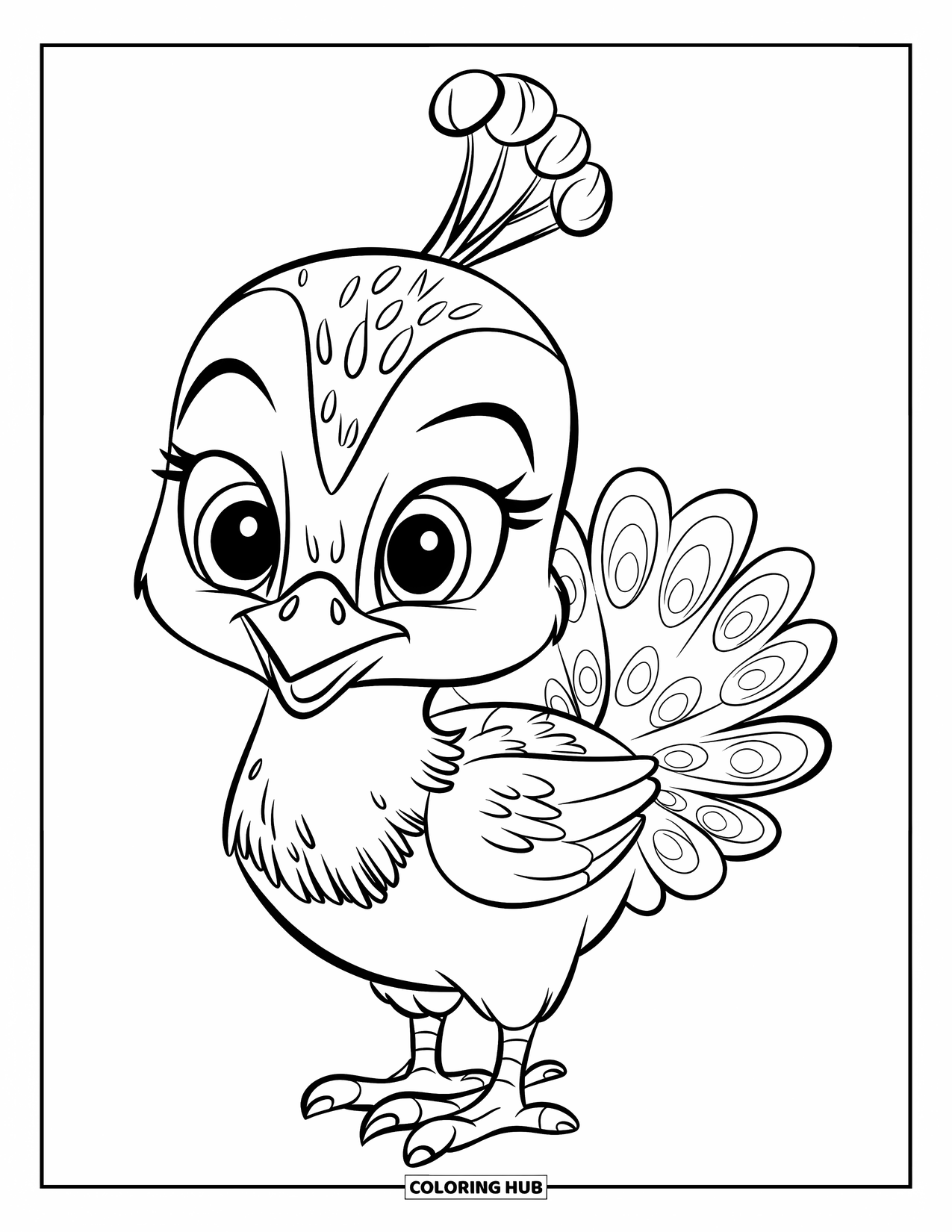 Peacock Coloring Page for Kids: A baby peacock with tiny eyes and a short tail looks cheerful