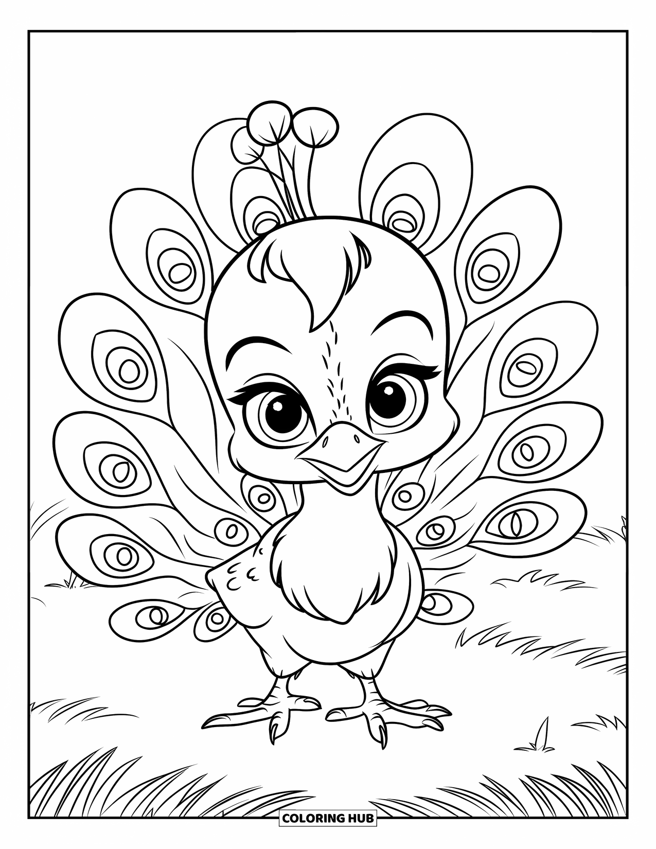 Peacock Coloring Page for Kids: A baby peacock with tiny eyes and a short tail spreads its feathers wide