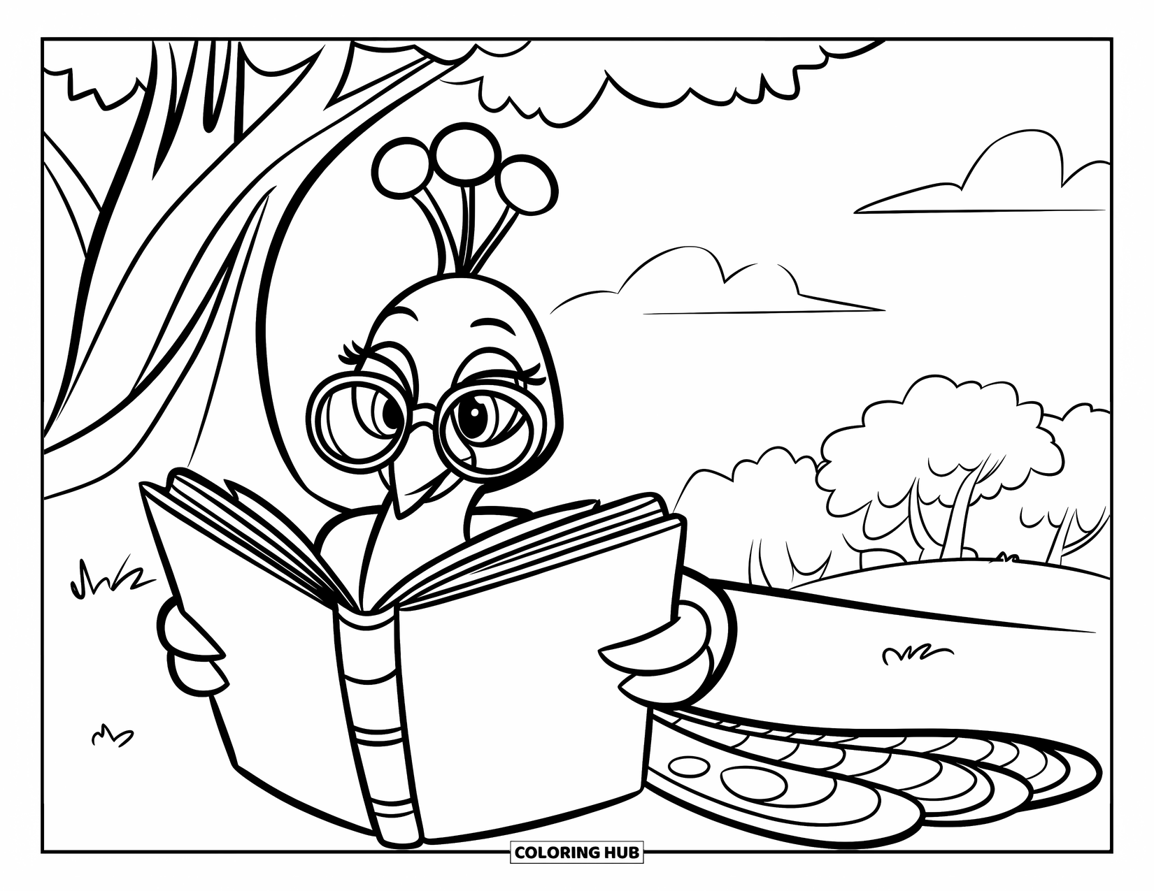 Peacock Coloring Page for Kids: A book-loving peacock sits under a tree, reading a big book