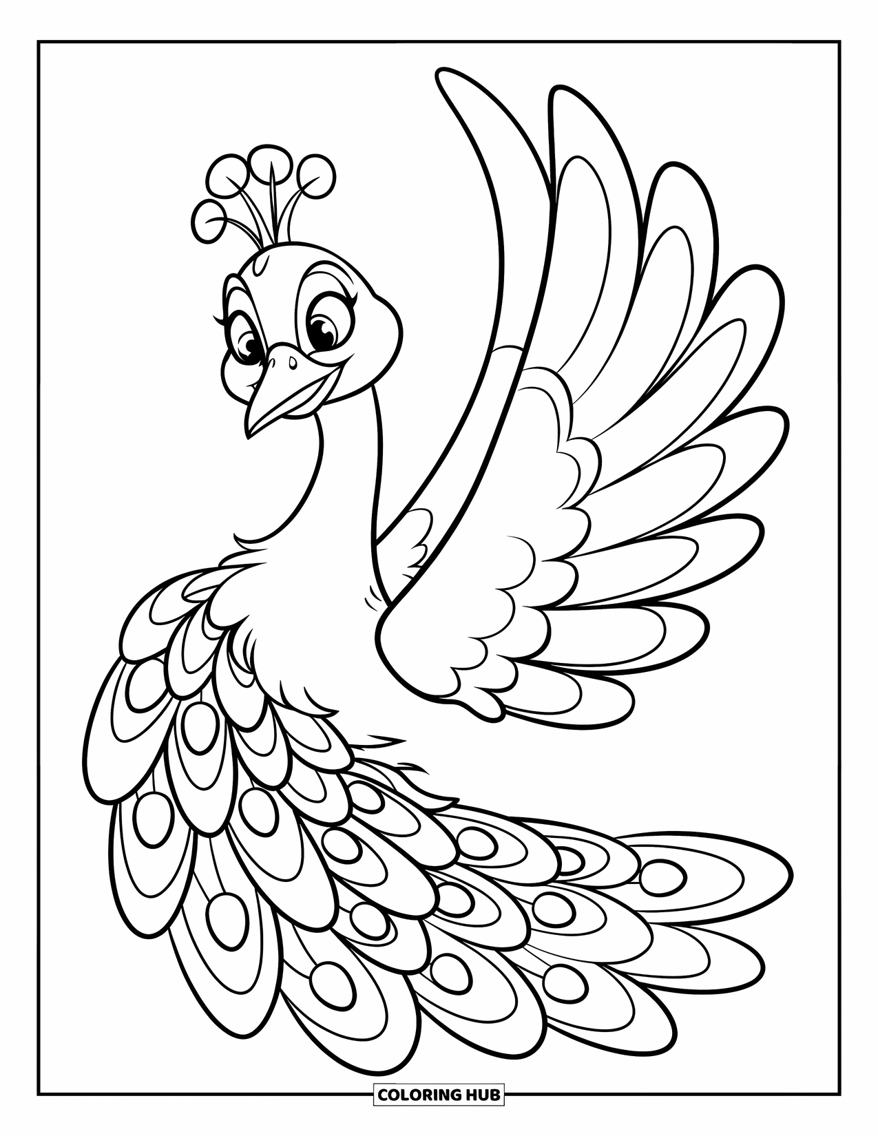 Peacock Coloring Page for Kids: A friendly peacock stands calmly with its wings slightly open