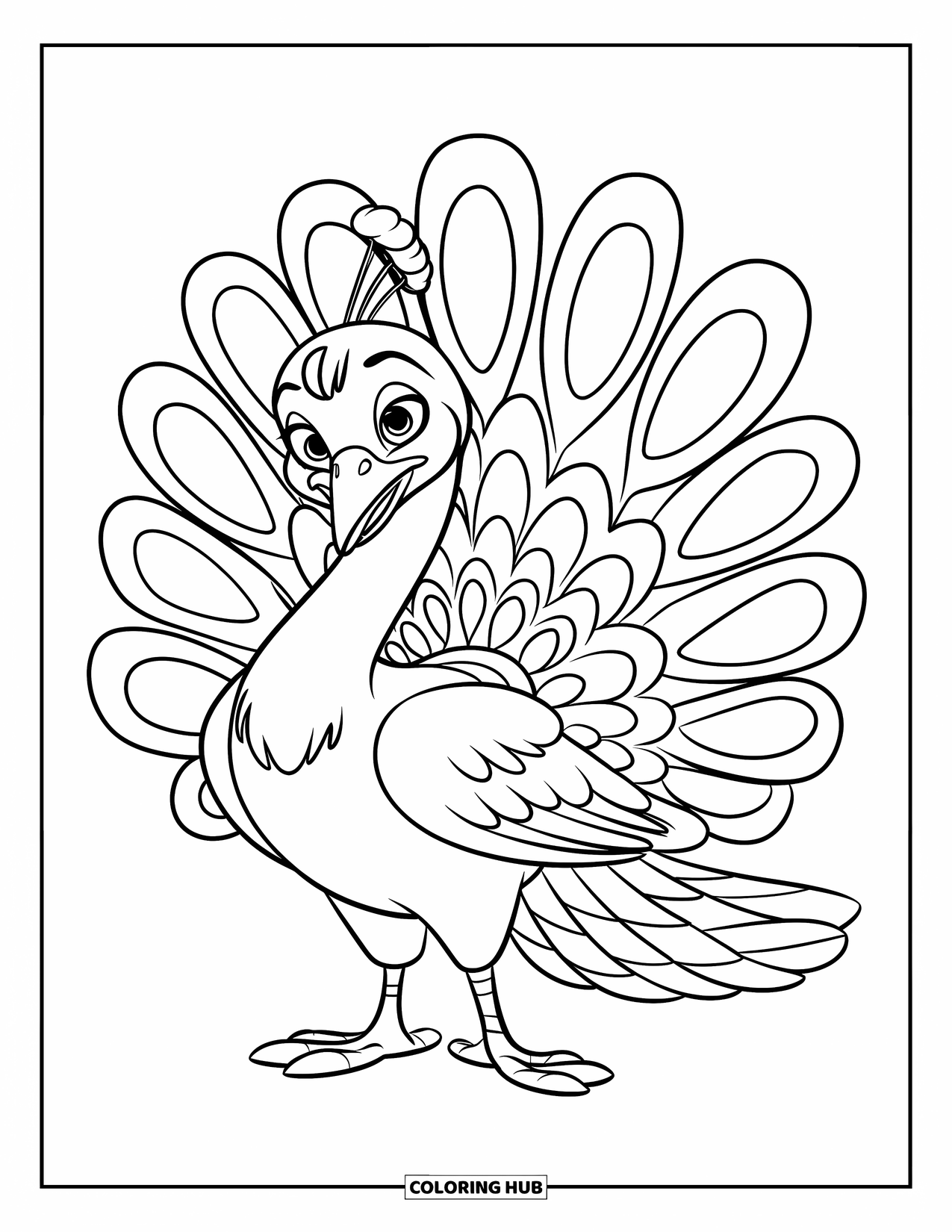 Peacock Coloring Page for Kids: A friendly peacock stands with its wings slightly open