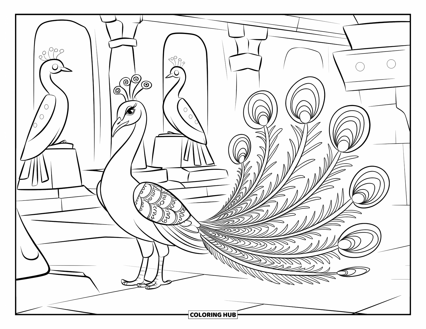 Peacock Coloring Page for Kids: A mystical peacock with a swirling tail stands in an ancient temple courtyard
