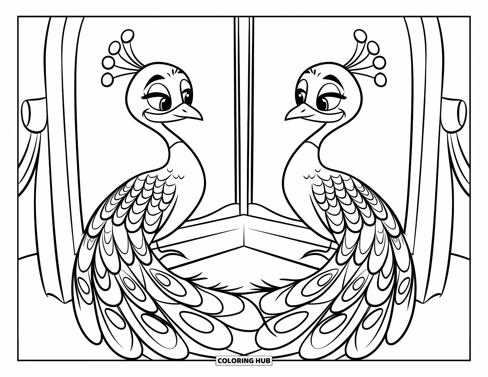 Peacock Coloring Page for Kids: A peacock admires itself with a smile in front of a mirror
