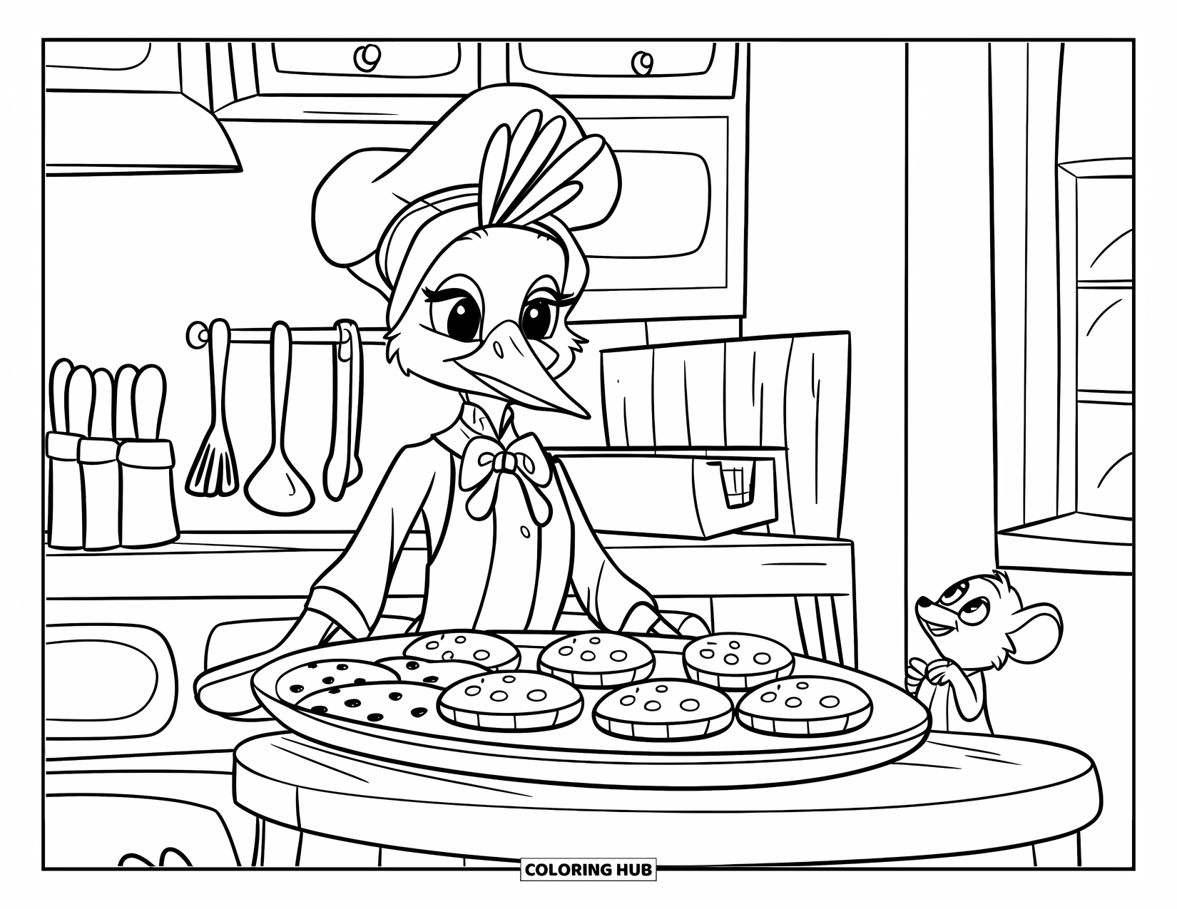 Peacock Coloring Page for Kids: A peacock baker offers fresh cookies in a cozy little kitchen