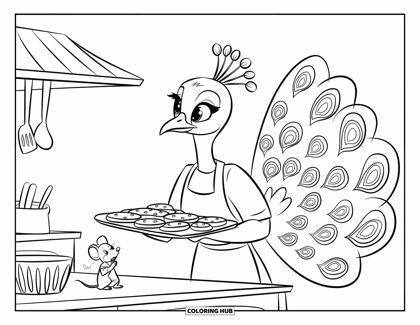 Peacock Coloring Page for Kids: A peacock baker presents cookies, watched by an eager mouse