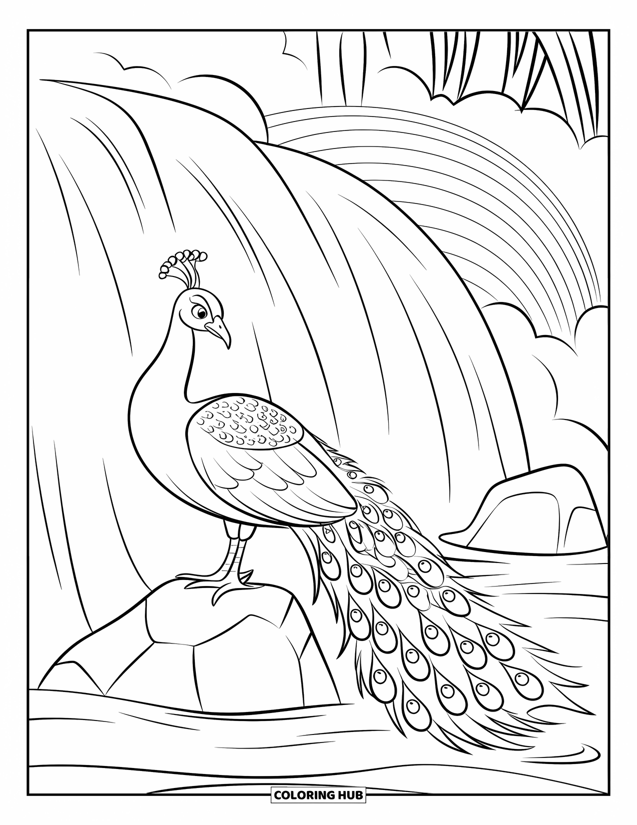 Peacock Coloring Page for Kids: A peacock balances on a rock by a waterfall, its feathers ruffled by mist