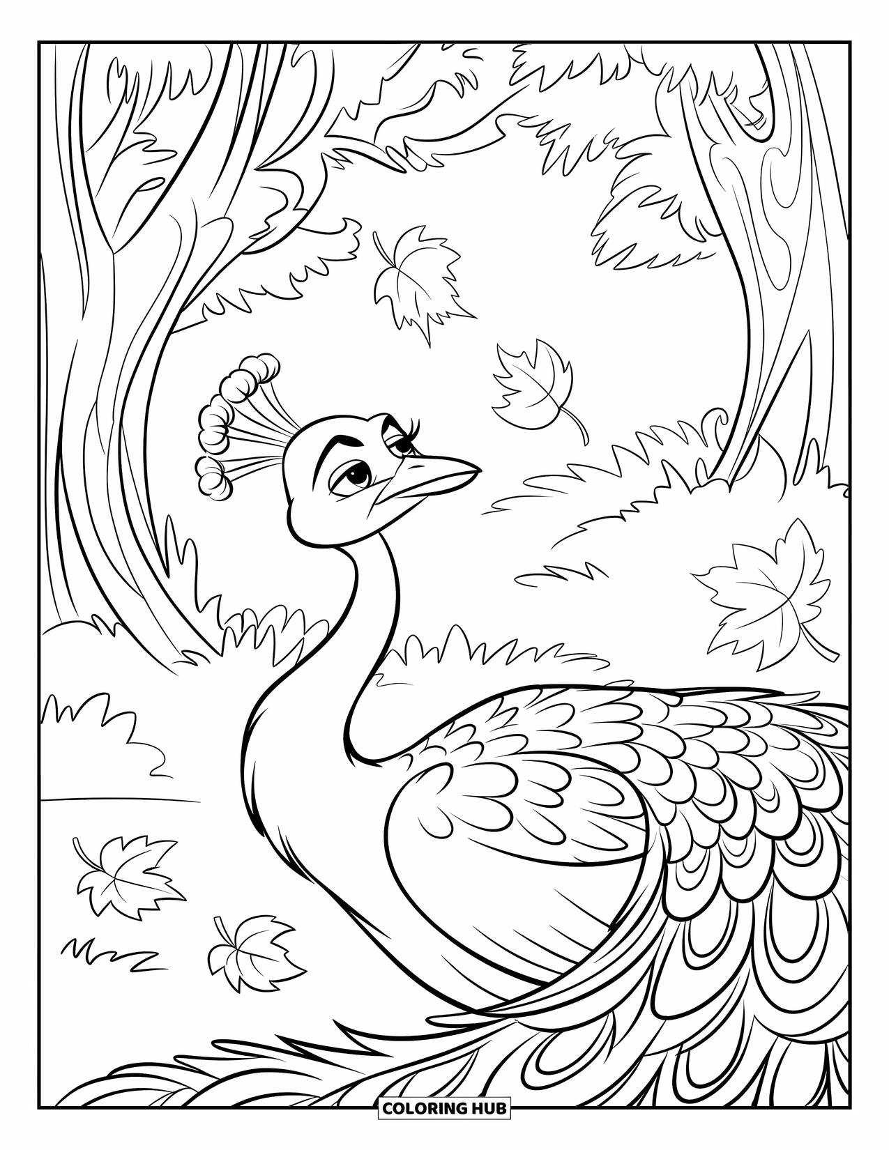Peacock Coloring Page for Kids: A peacock curiously watches autumn leaves fall around it near colorful trees