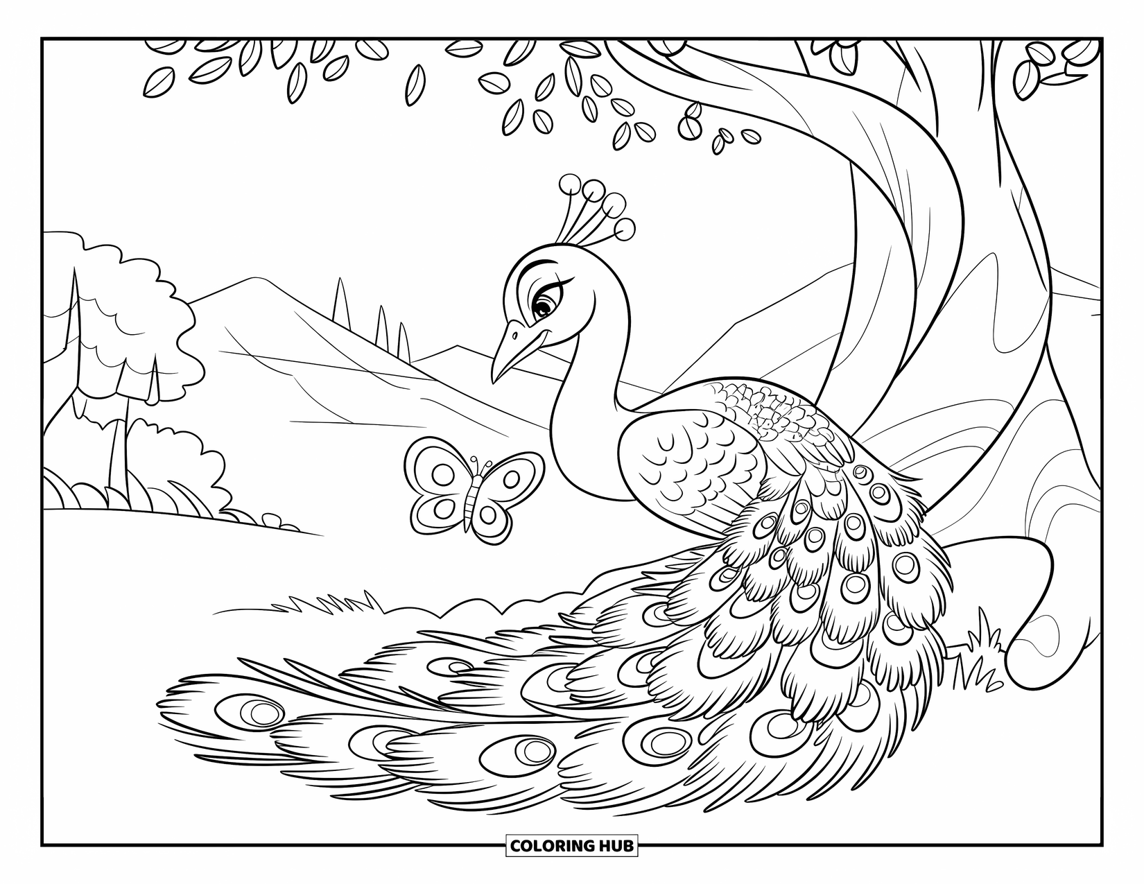 Peacock Coloring Page for Kids: A peacock curls up under a tree, using its tail as a cozy blanket
