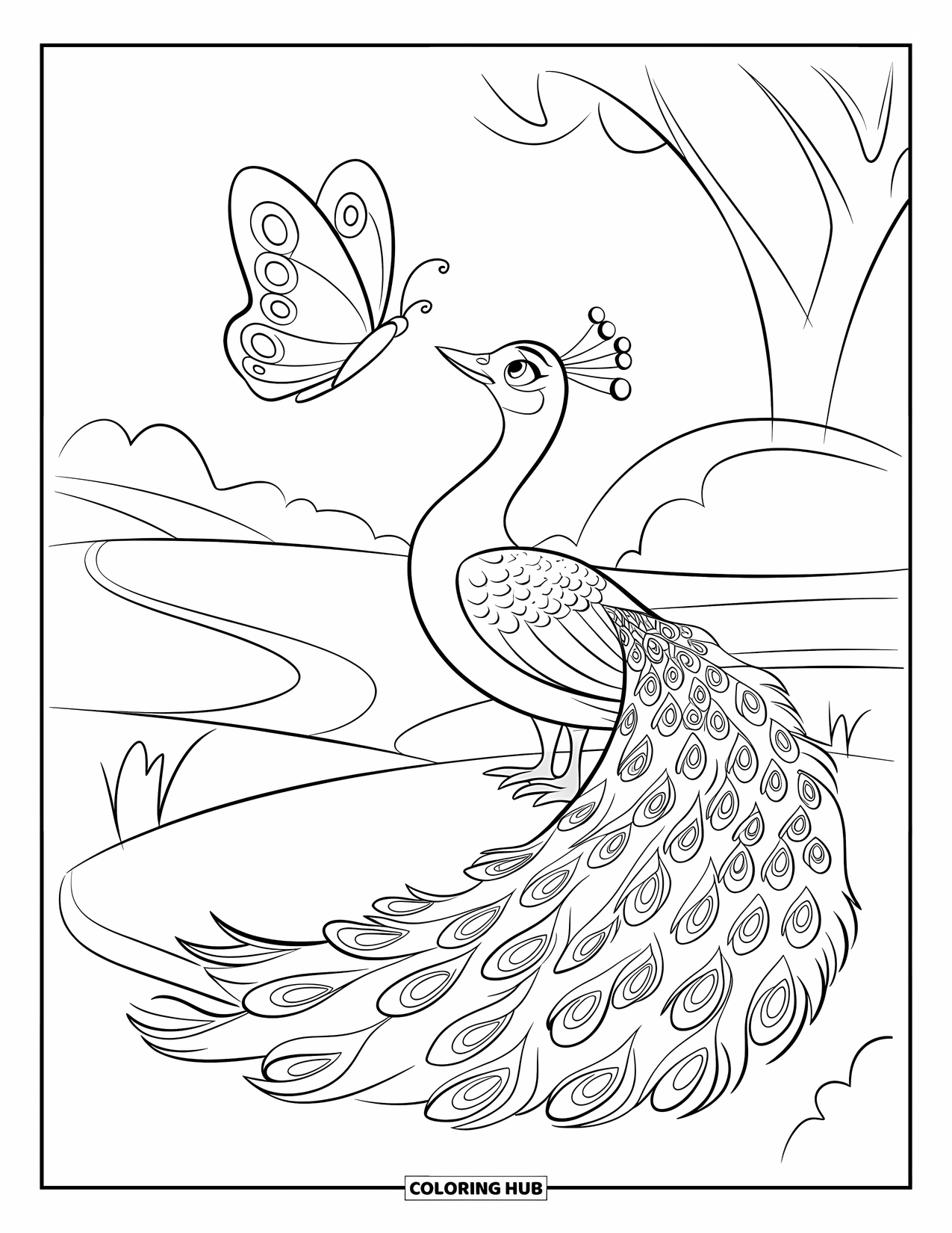 Peacock Coloring Page for Kids: A peacock looks up at a butterfly with its feathers spread out