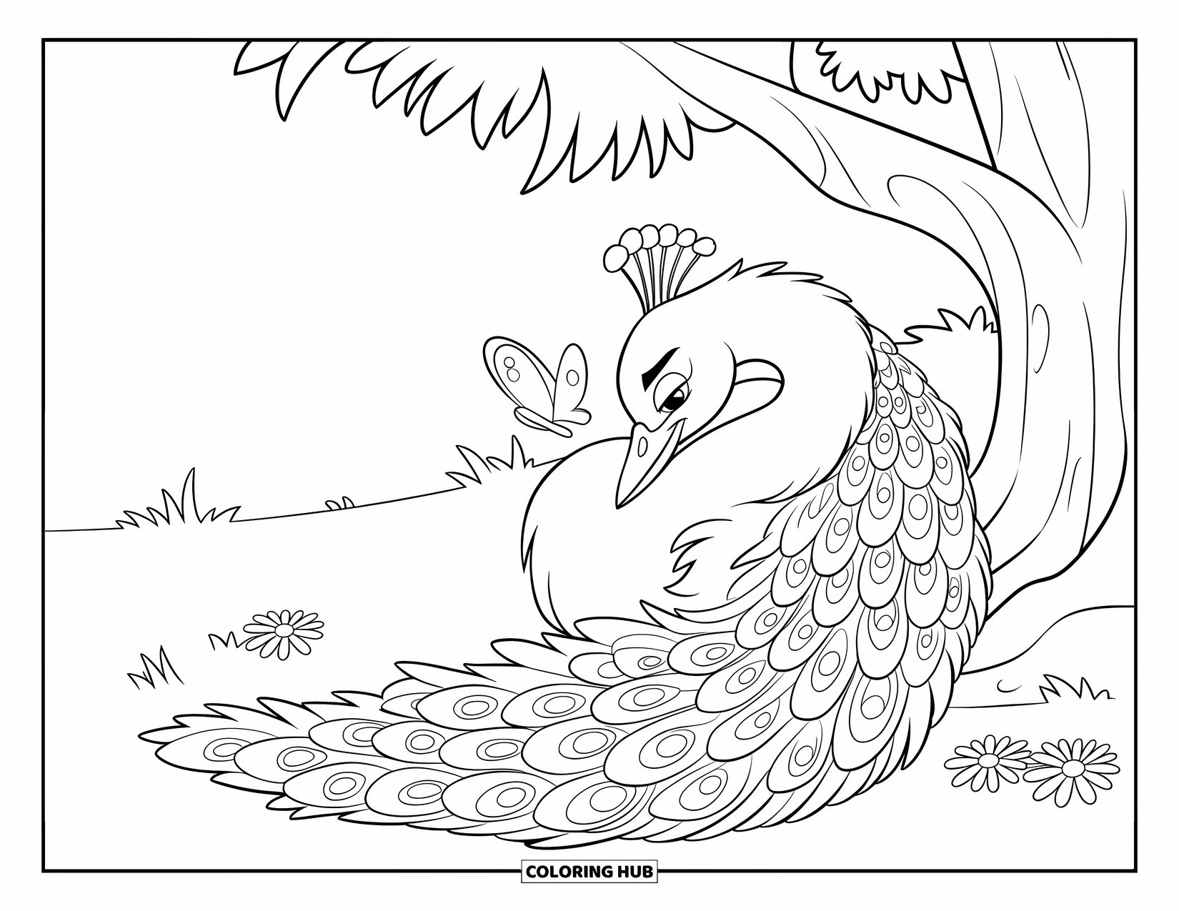 Peacock Coloring Page for Kids: A peacock naps under a tree, using its tail as a cozy blanket