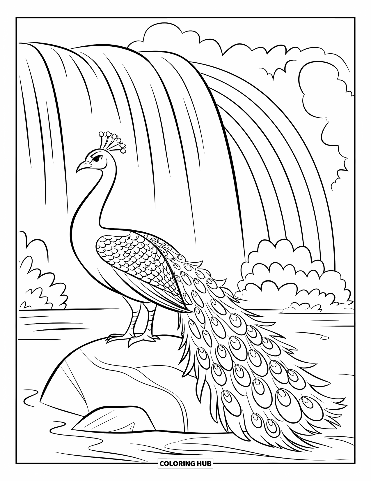 Peacock Coloring Page for Kids: A peacock perches on a rock by a waterfall, mist ruffling its feathers