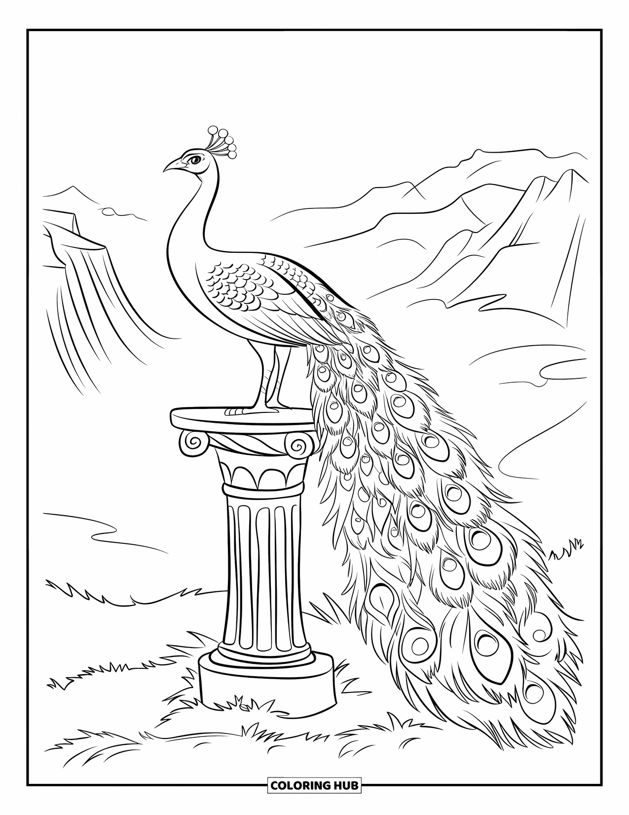 Peacock Coloring Page for Kids: A peacock perches on an old pedestal, gazing at a misty valley and mountains