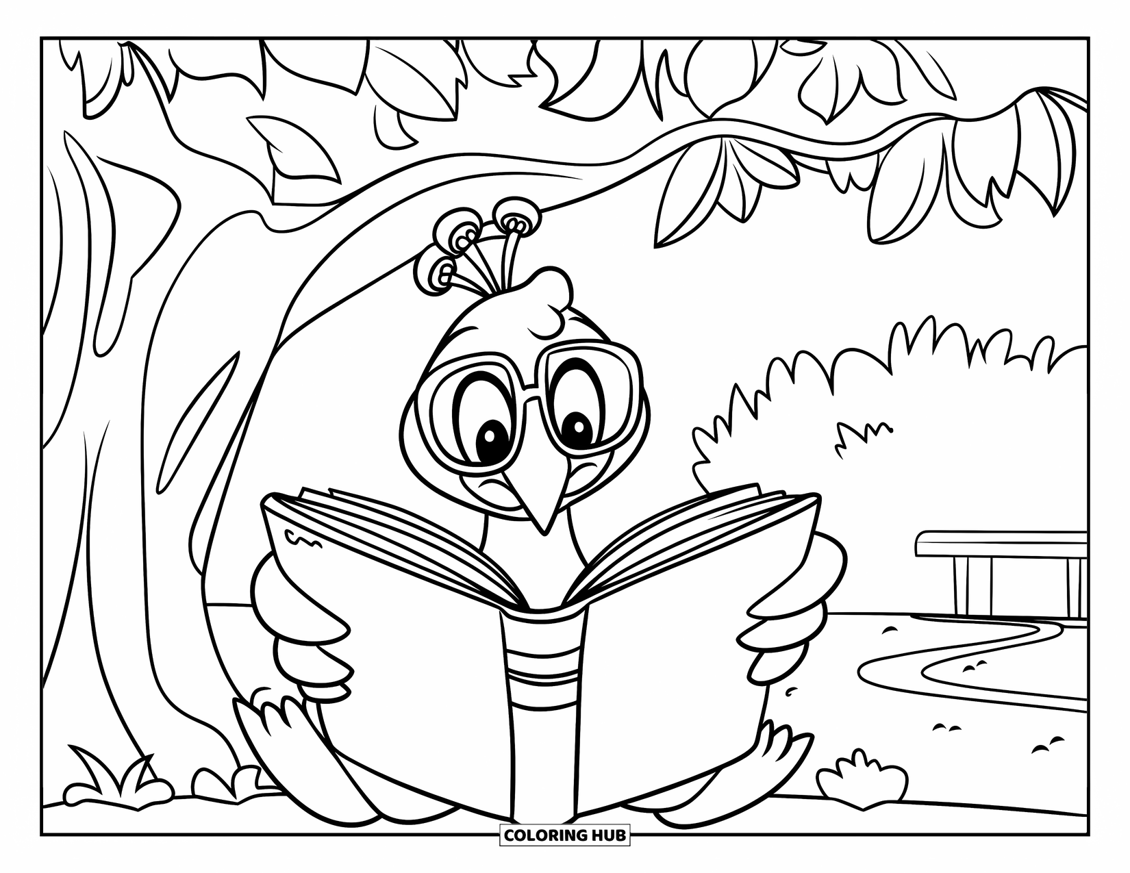 Peacock Coloring Page for Kids: A peacock reads a book under a tree, glasses perched on its beak