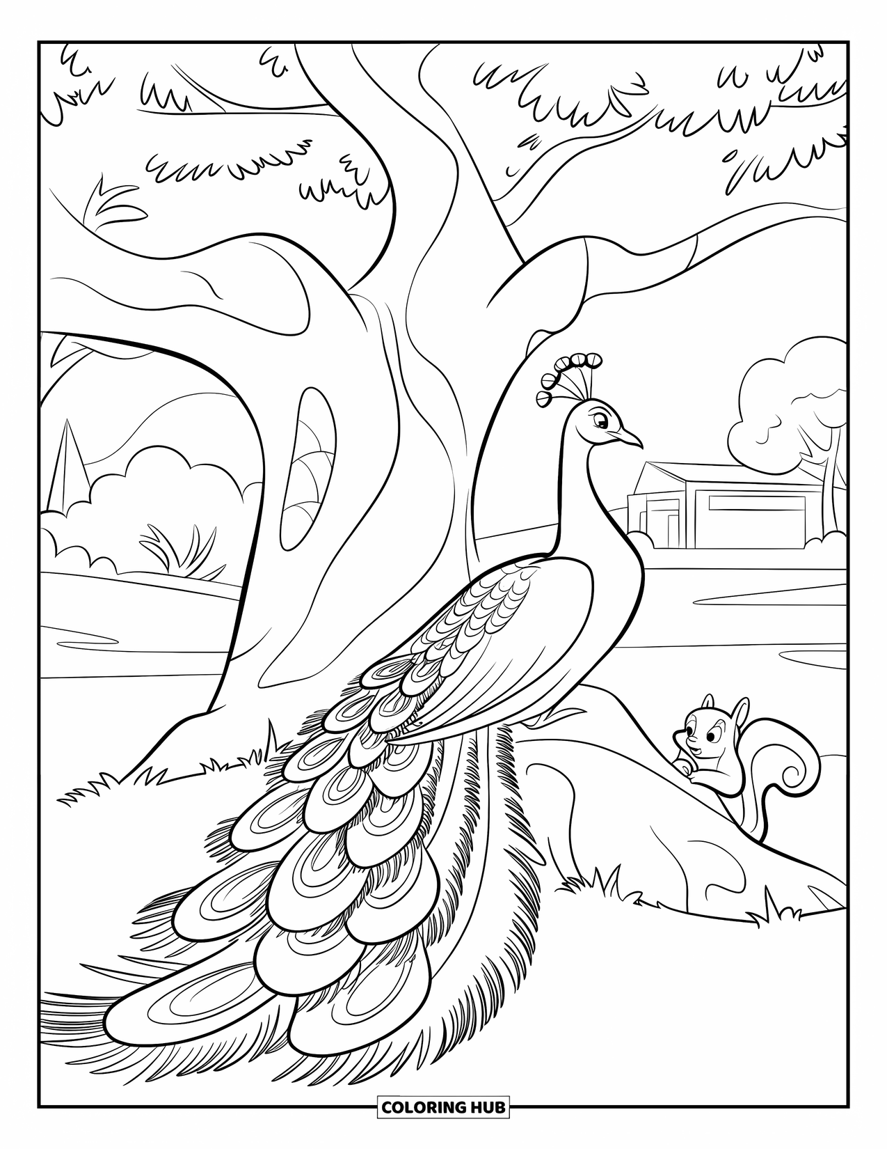 Peacock Coloring Page for Kids: A peacock relaxes under a tree with its tail fanned out, a squirrel nearby