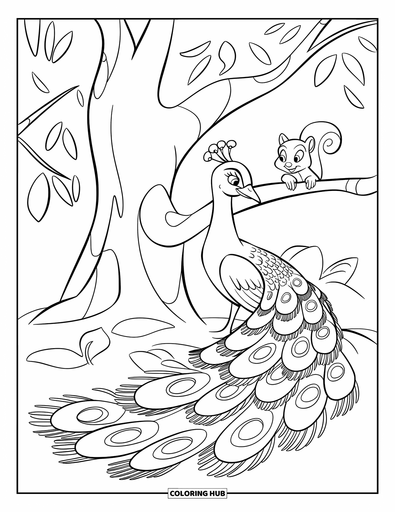 Peacock Coloring Page for Kids: A peacock rests under a big tree, its tail spread wide, watched by a curious squirrel